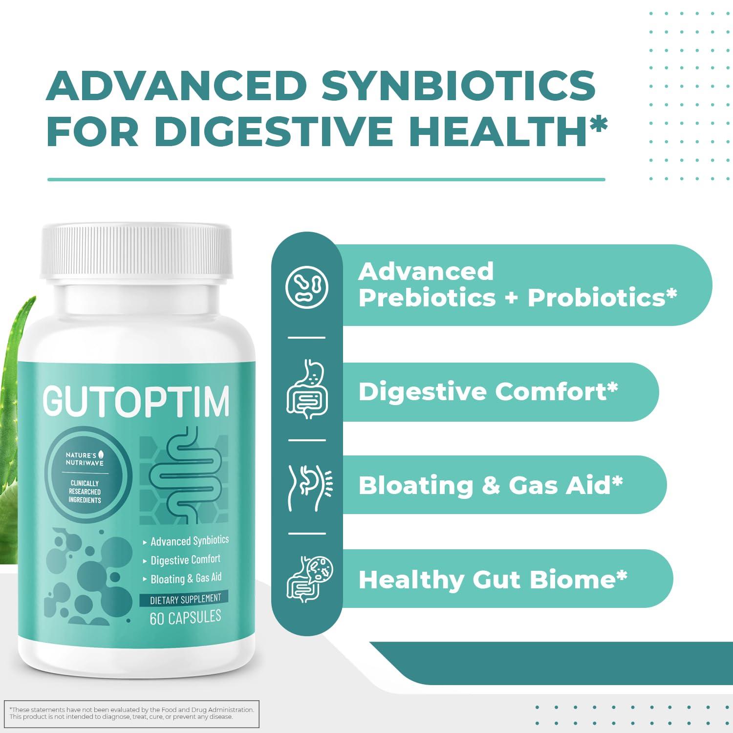 Natures NutriWave GutOptim Probiotic & Prebiotic Capsules | Pre and Probiotics for Synbiotic Gut Health & Bloating Relief for Women & Men | Enzyme with Probiotics for Digestive Health | Non-GMO, 60 Ct, 3 Month Supply
