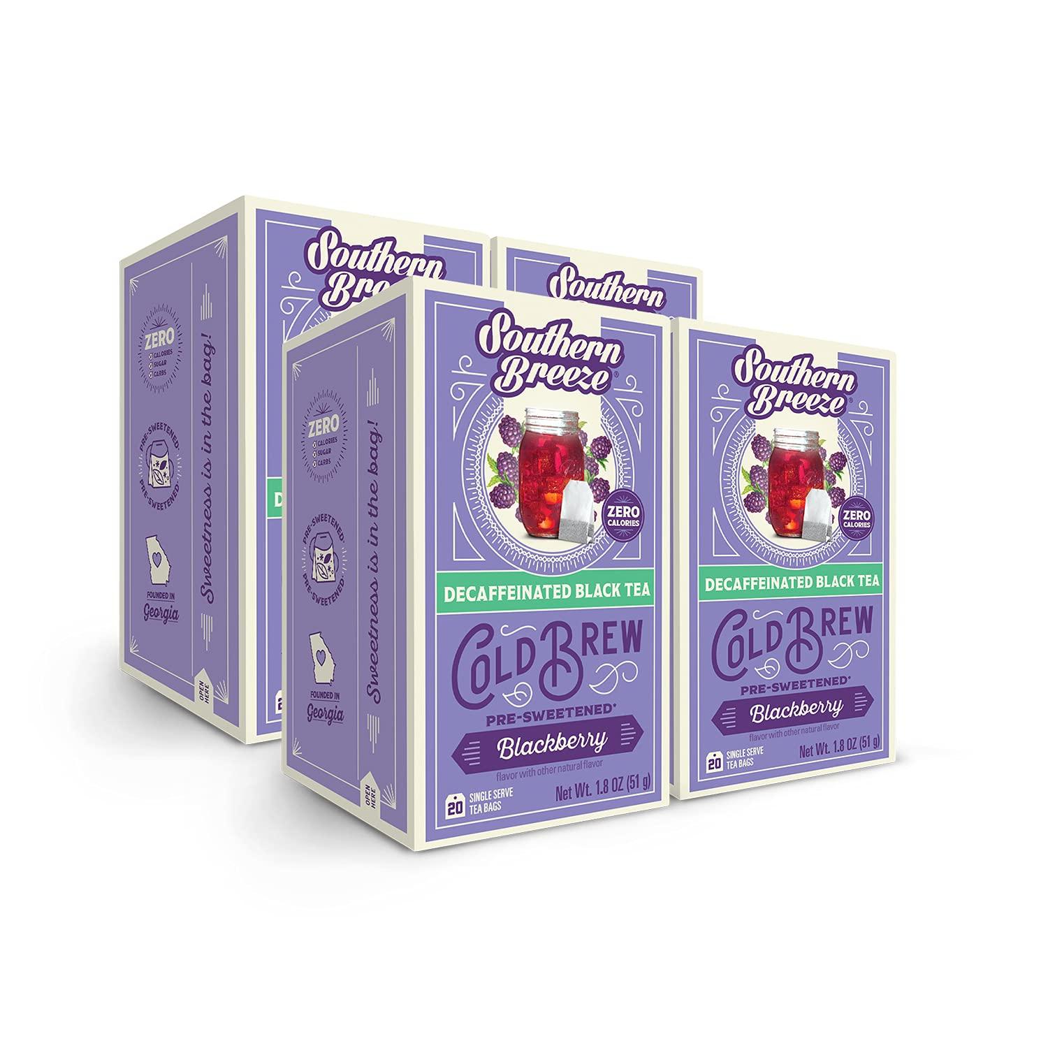 Southern Breeze Southern Breeze Decaf Cold Brew Sweet Tea Blackberry Iced Tea with Black Tea and Zero Carbs Zero Sugar, 20 Individually Wrapped Tea Bags, Pack of 4