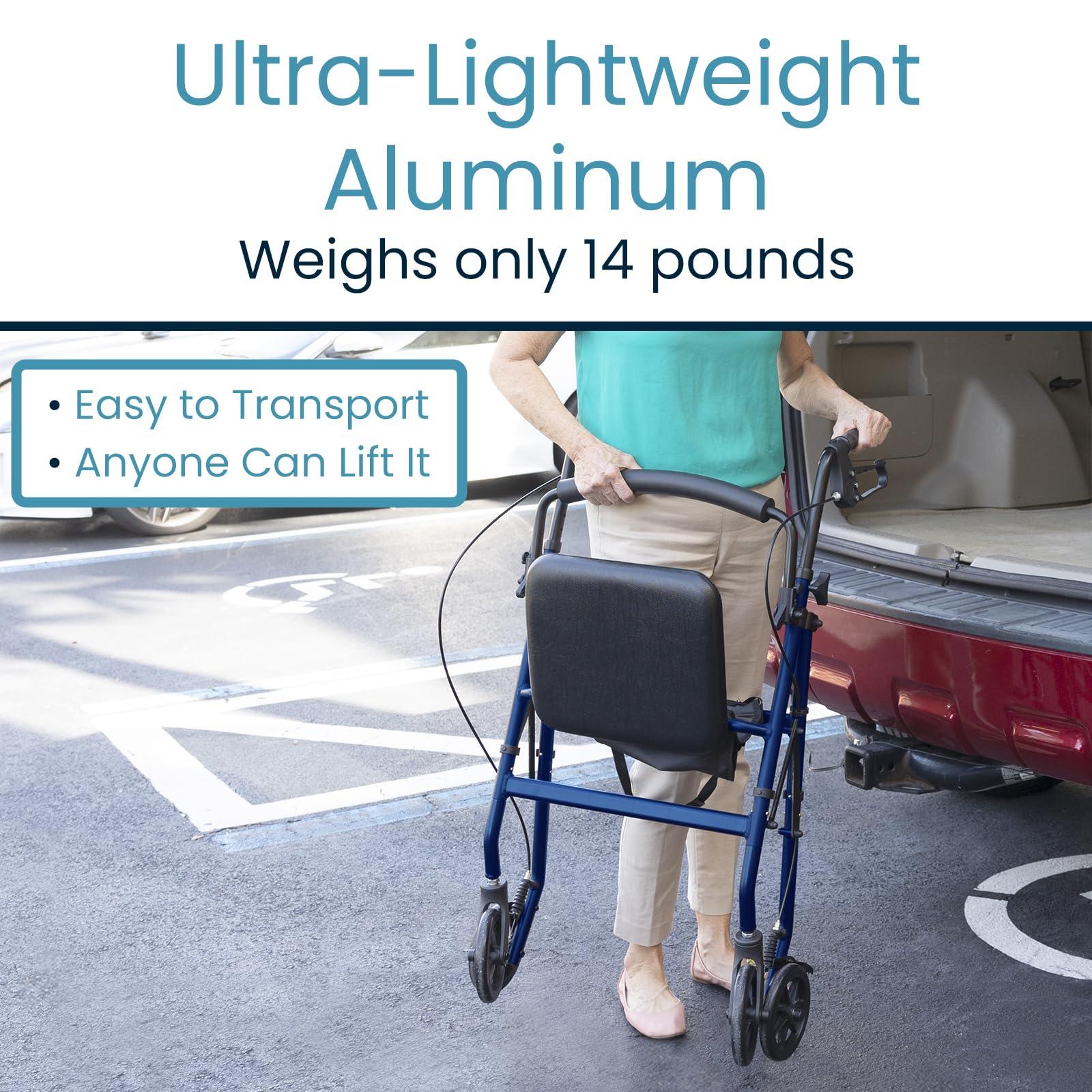 Vive Mobility Vive Mobility Ultra Lightweight Rollator Walker with Seat - Foldable, Narrow, Rolling Senior Walker for Small Spaces - 4 Wheel Aluminum Adult Easy Drive Walker with Underseat Accessory