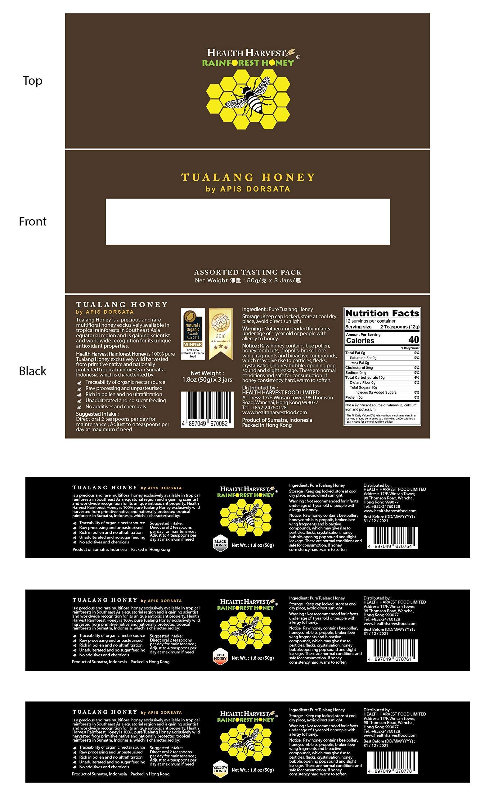 Health Harvest [GIFT CHOICE] Tualang Honey 1.8oz x 3 Jars (Black, Red & Yellow Honey) | TA 9.5+ to 11.5+ | Pollen Count 2.4 M+ to 4.0 M+ | Pollen Variety 100+ | Wild-ripening on 250ft Treetop | Raw, Unpasteurised, Unfiltered