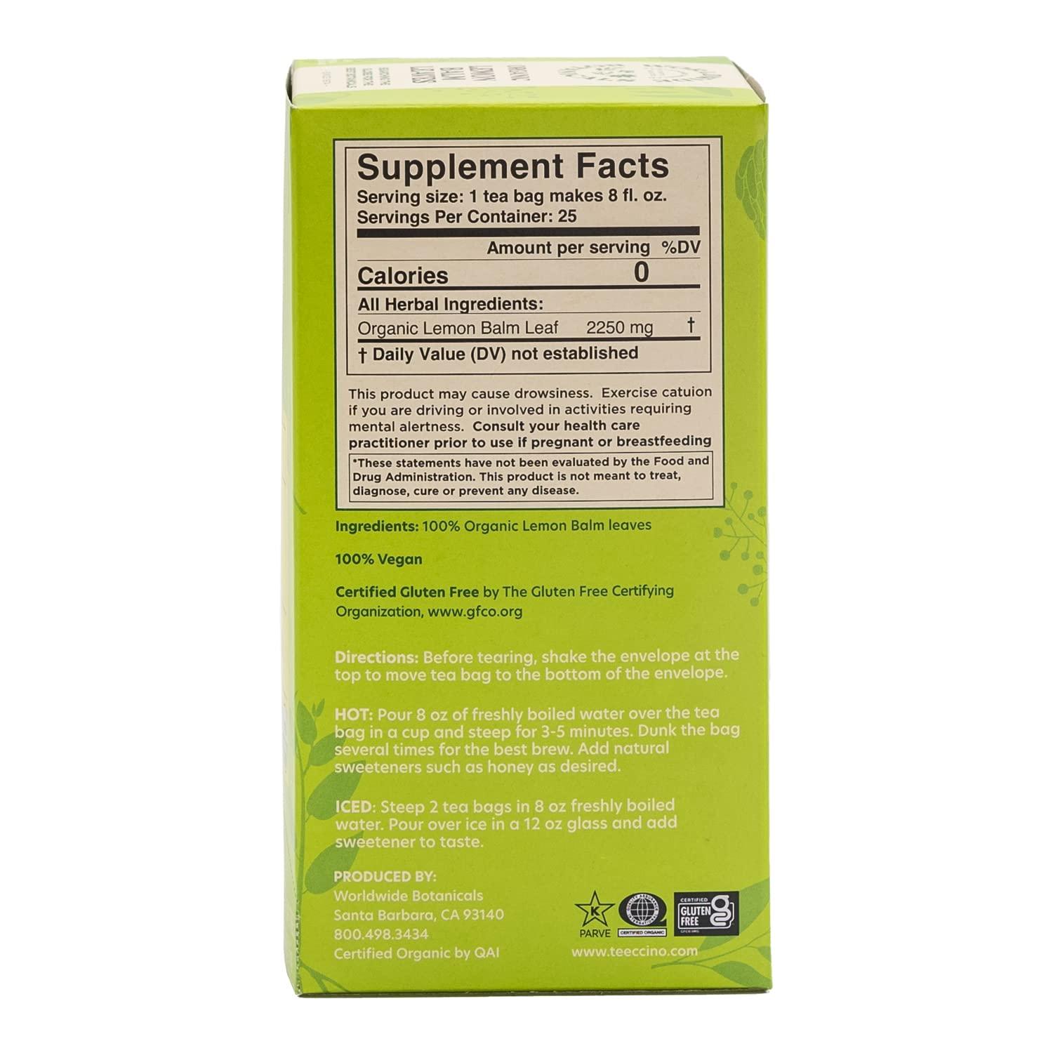 Worldwide Botanicals Worldwide Botanicals Organic Lemon Balm Tea, 25 Tea Bags - 50% more herbs with 2.25g per teabag - 100% Pure Lemon Balm Leaves, Kosher