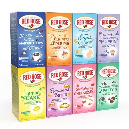 Red Rose Red Rose Sweet Temptations Dessert Tea Variety Pack, Zero Sugar, Caffeine-Free Flavored Delicious Beverage Herbal Tea, 18 Count Pack of 8 Fruit Naturally Flavored Black Tea Gift Set