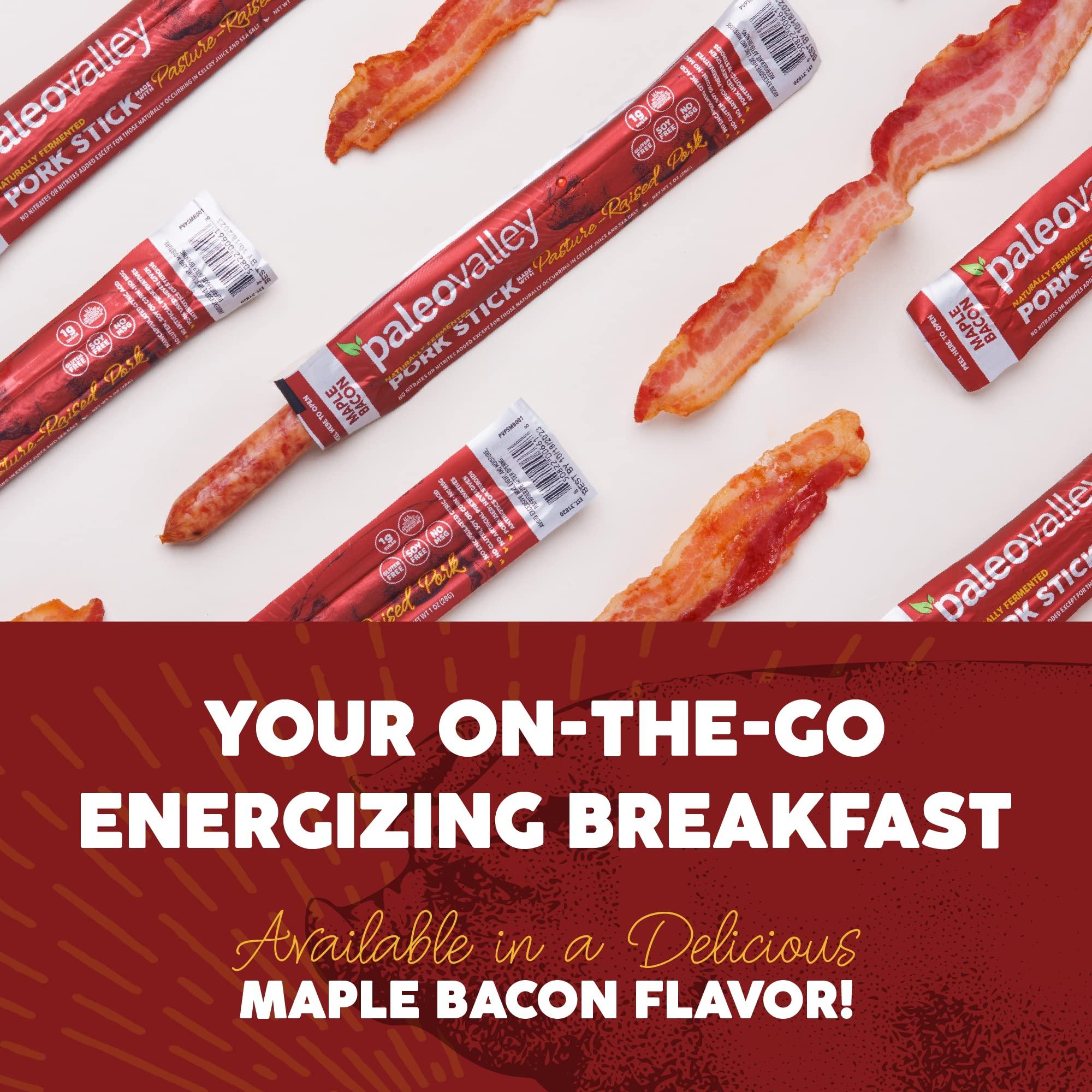 Paleovalley Paleovalley Pasture-Raised Pork Sticks - Maple Bacon Flavor Meat Sticks Individually Wrapped, 28g - 10 Sticks - Gluten-Free Protein Snack