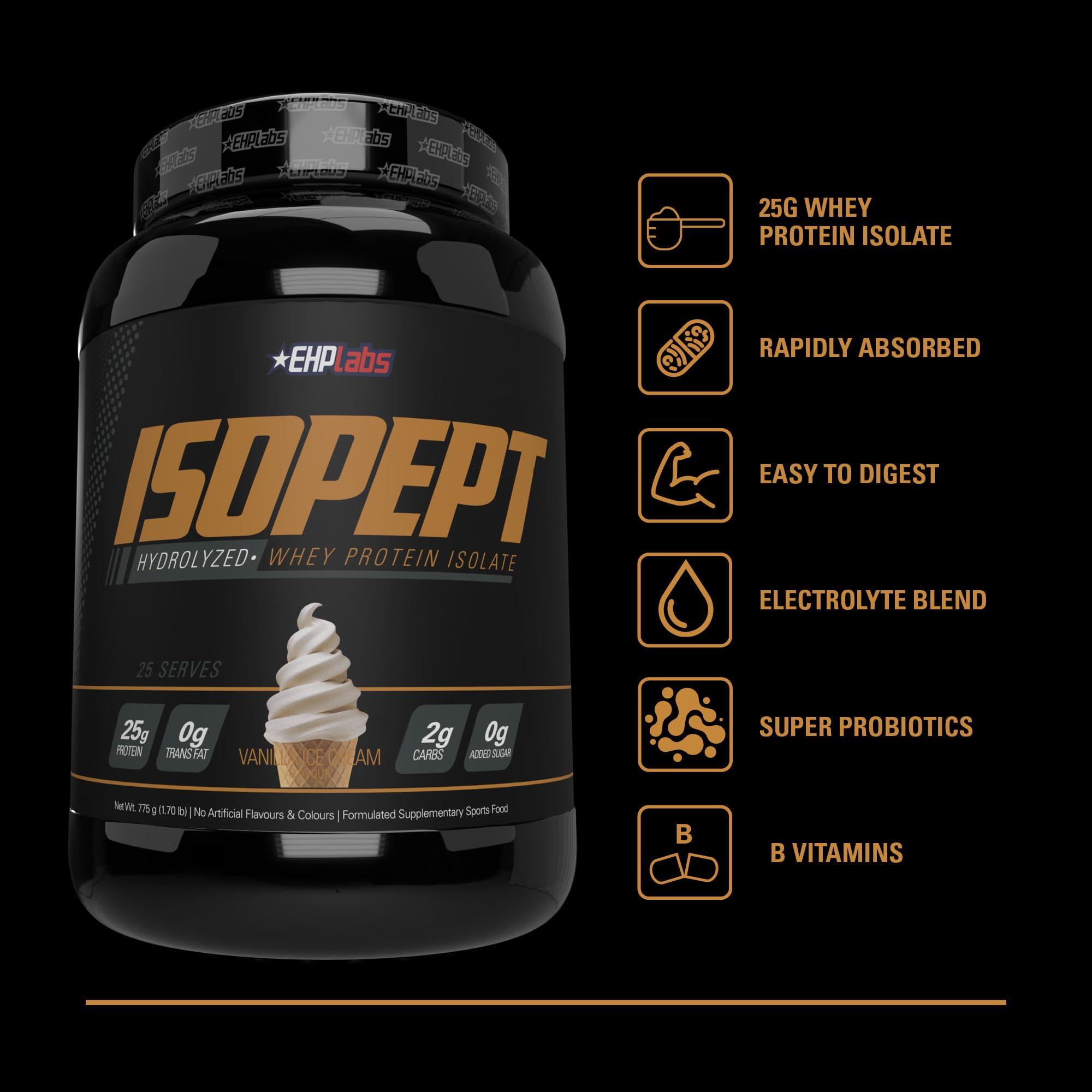 EHP Labs IsoPept Hydrolyzed Whey Protein Powder by EHPlabs - 100% Whey Protein Isolate & Hydrolysate, 27g of Protein, Non-GMO, Gluten Free, Fast Absorbing, Easy Digesting, 27 Serves (Vanilla Ice-Cream)