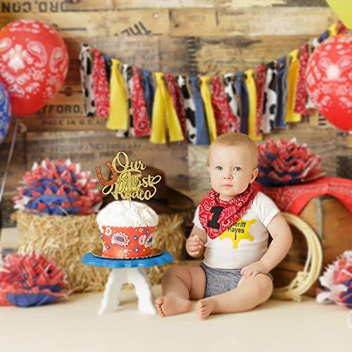 PANHUI Our First Rodeo Cake Topper, Gold Glitter Western Wild Themed Cake Decor,Twins Baby Shower Cowboys/Cowgirls 1st Birthday Party Decoration
