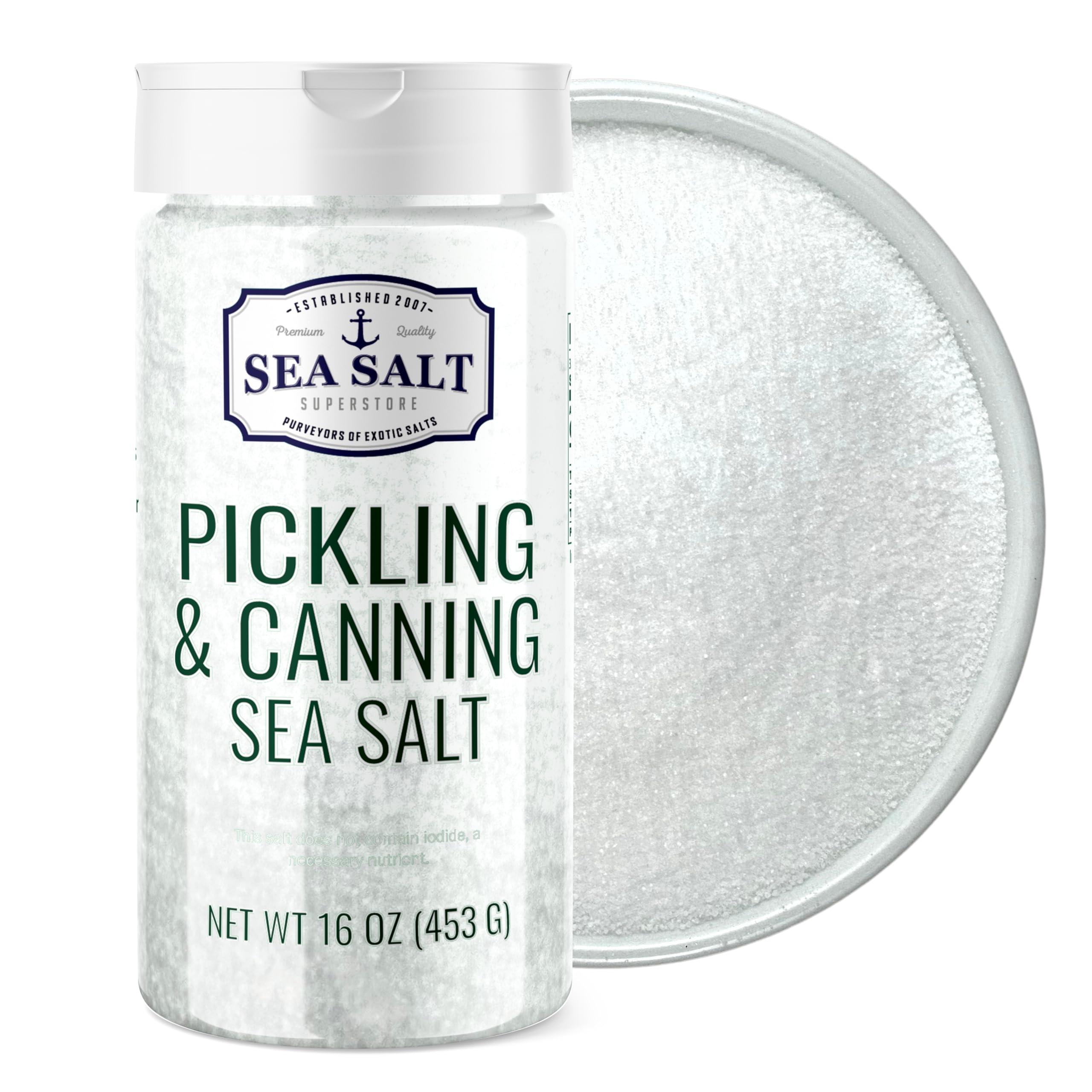 Sea Salt Superstore Pickling & Canning Salt, Pickling Salt & Curing Salt for Natural Preserving, Fine Sea Salt & Kosher Salt for Brining, 1 lb Shaker Non Iodized Salt, Sea Salt Superstore
