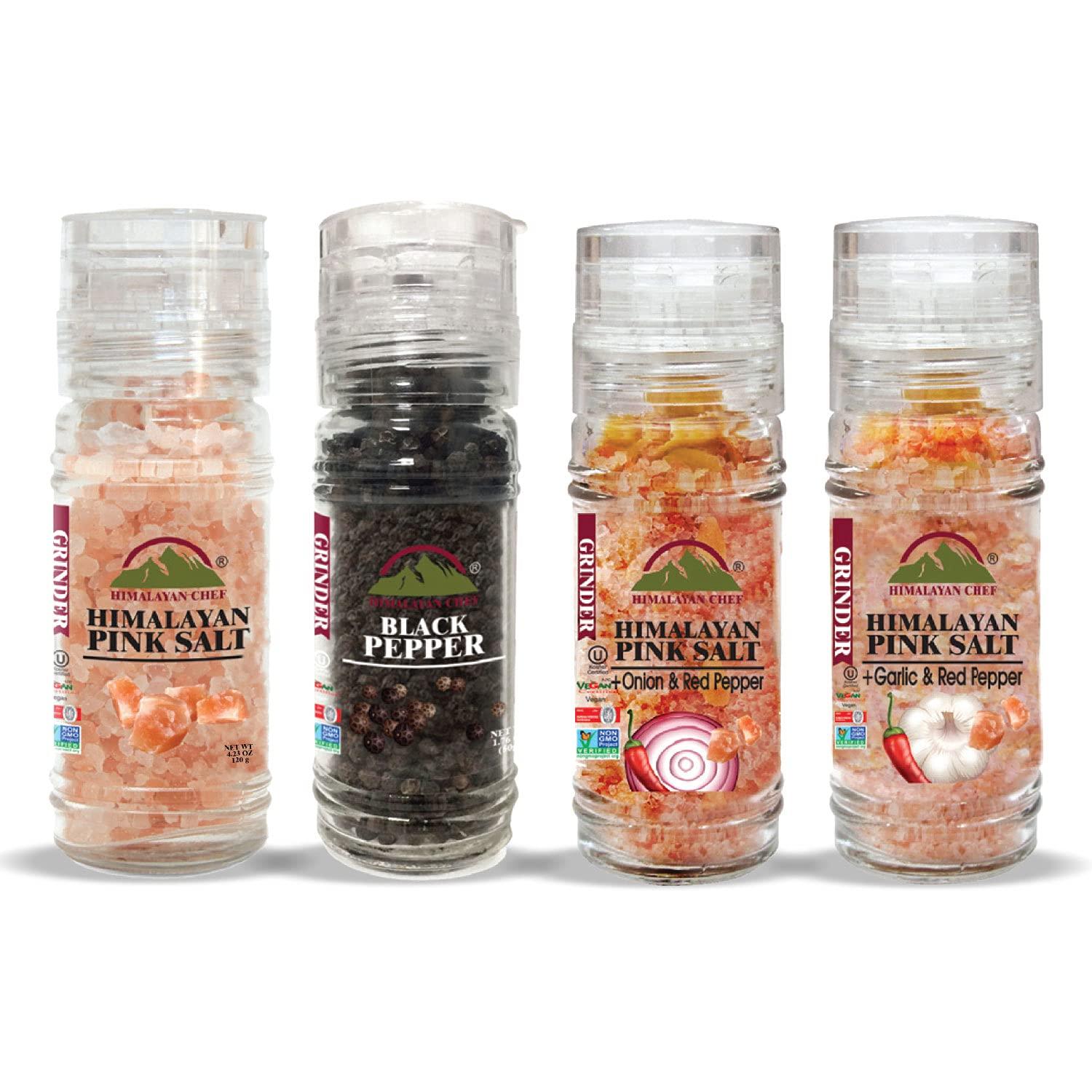 Himalayan Chef Himalayan Chef Salt & Pepper Grinder Variety Pack (Pink Salt, Black Peppercorn, Onion Salt, Garlic Salt), 1 Count(Pack of 4)