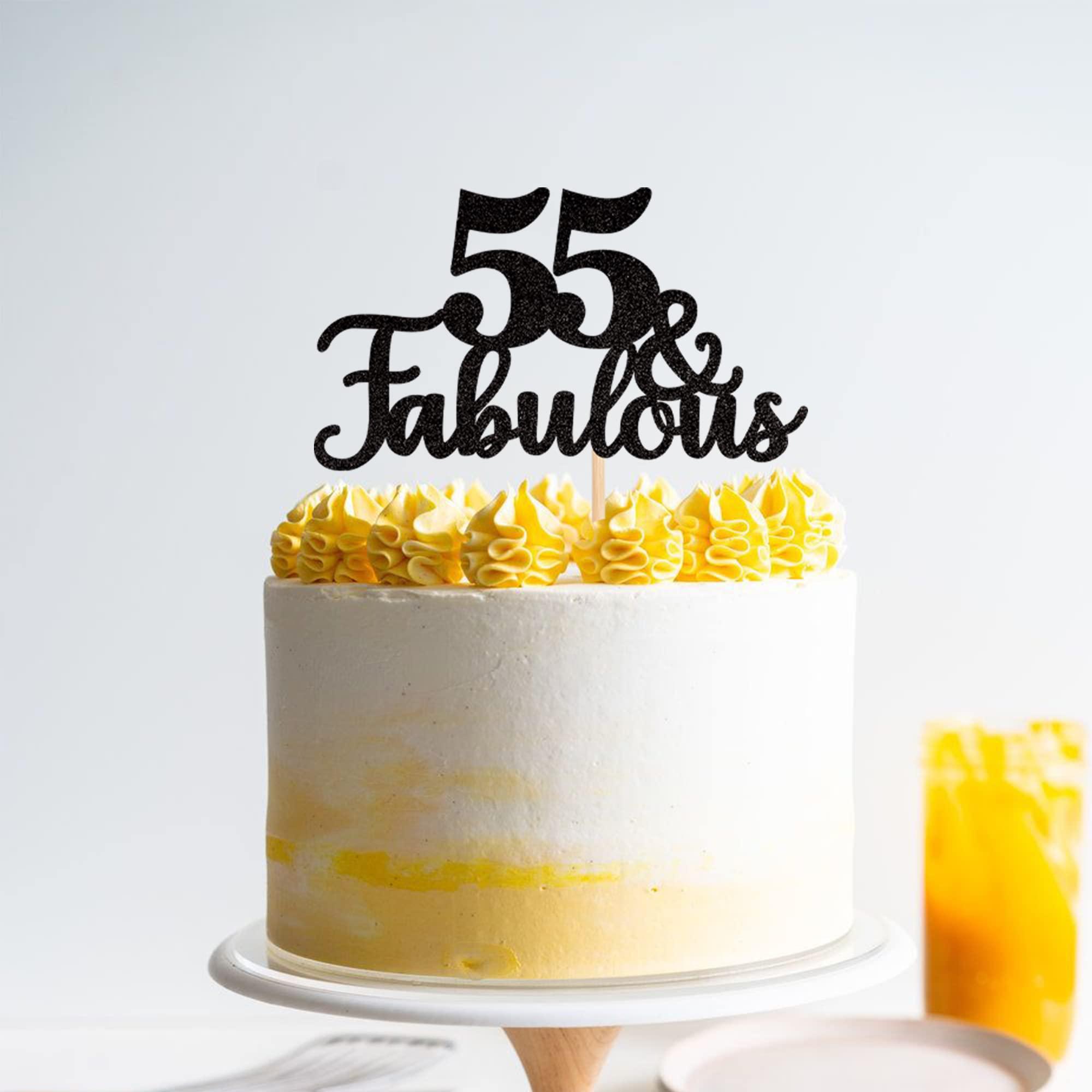 ZHUOWEISM 1 PCS 55 & Fabulous Cake Topper Glitter Fifty Five and Fabulous Cake Toppers Happy 55th Birthday Cake Pick for 55th Wedding Anniversary Birthday Party Cake Decorations Supplies Black