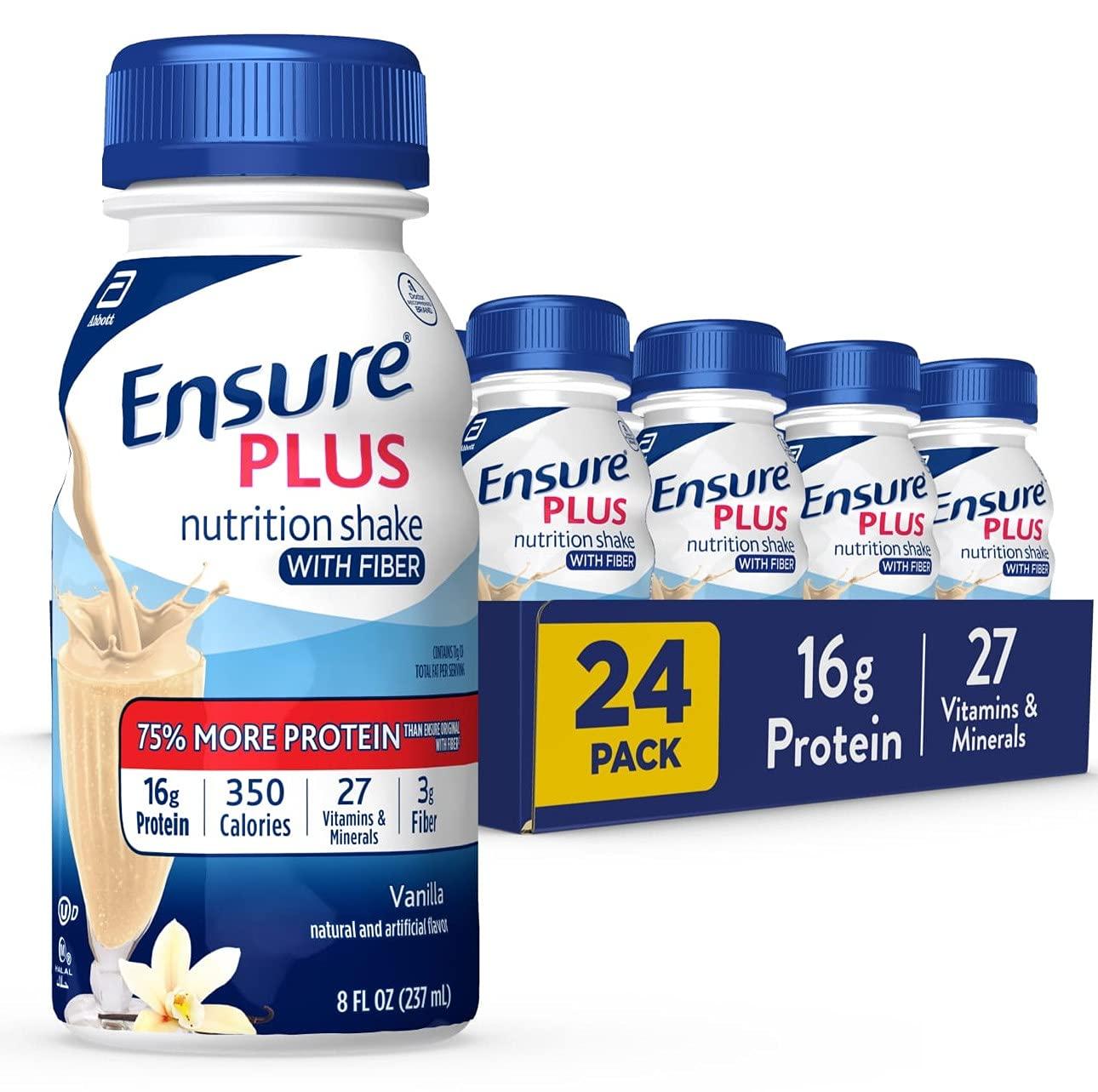 Ensure Ensure Plus Nutrition Shake with 16 Grams of Protein & Ensure Plus Liquid Nutrition Shake with Fiber, 16 Grams of Protein, Vanilla, 8 Fl Oz Bottle (Pack of 24)