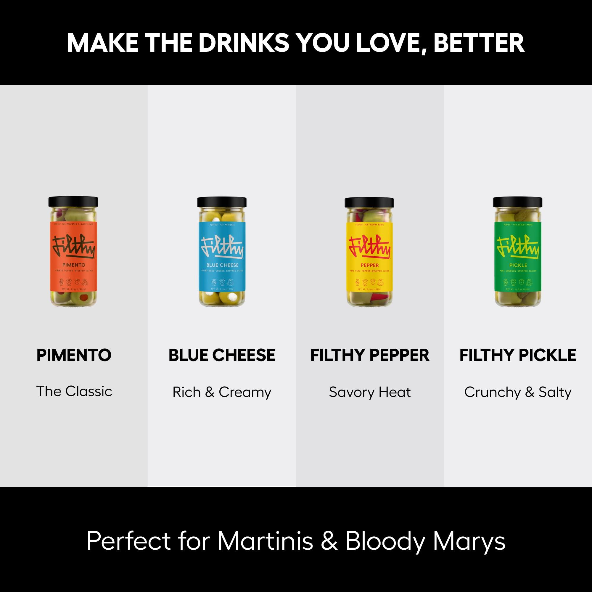 Filthy Food Filthy Cocktail Garnish, Blue Cheese Stuffed Olives, 8.5 Oz Jar, 14 Olives