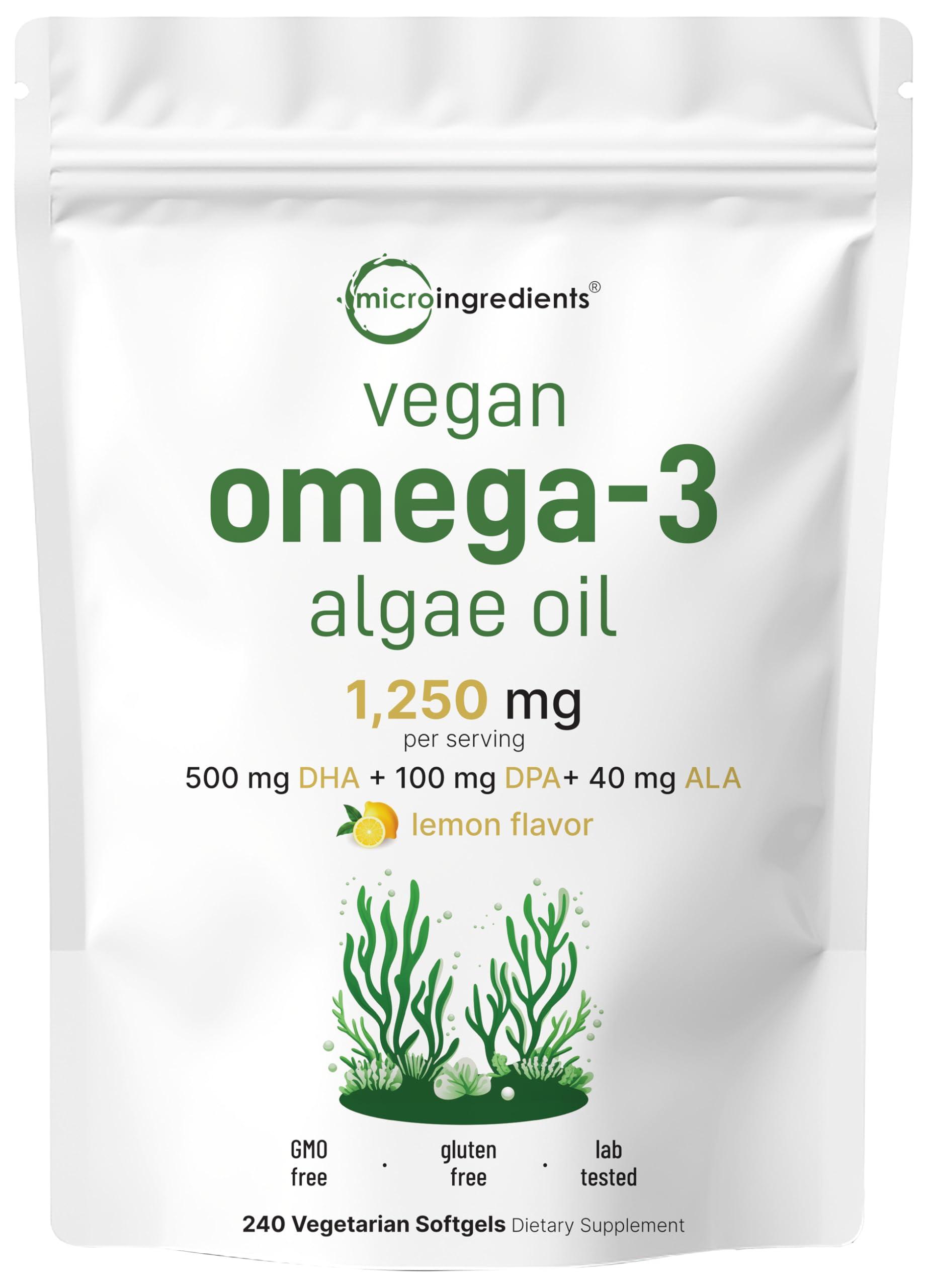Micro Ingredients Vegan Omega 3 Algae Oil, 240 Veggie Softgels | Fish Oil Alternative | DHA 500mg & DPA 100mg | Carrageenan Free | Plant-Based Omega 3 with Flaxseed & ALA | Lemon Flavored