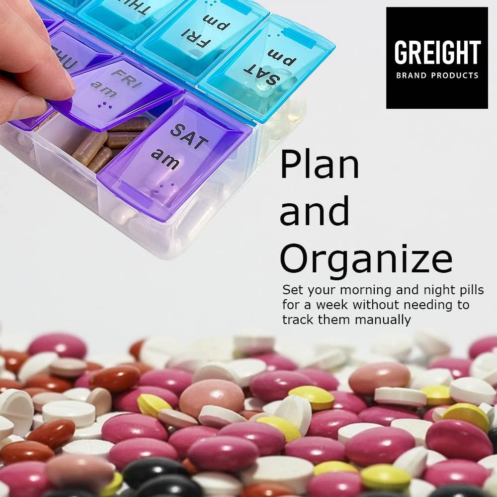 GREIGHT BRAND PRODUCTS XL Pill Organizer - 7 Day Weekly Pill Box AM PM - Twice a Day - 9\" x 4.75\" Extra Large Size Pill Case for Medicines, Vitamins, Supplements -