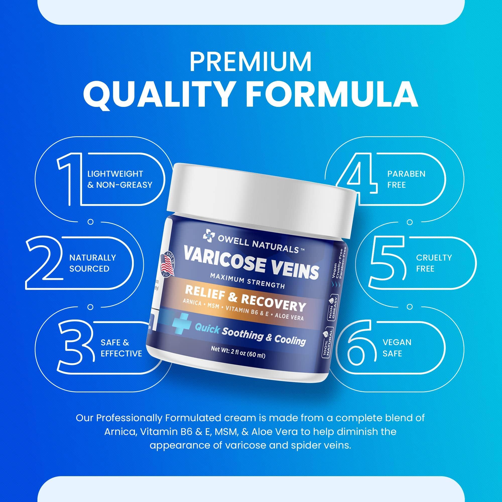 OWELL NATURALS OWELL NATURALS Varicose & Spider Vein Leg Cream 2oz - Maximum Strength All Natural Formula, Fast Acting Discomfort Reliever for Joint, Muscle, Knee (Pack of 2)