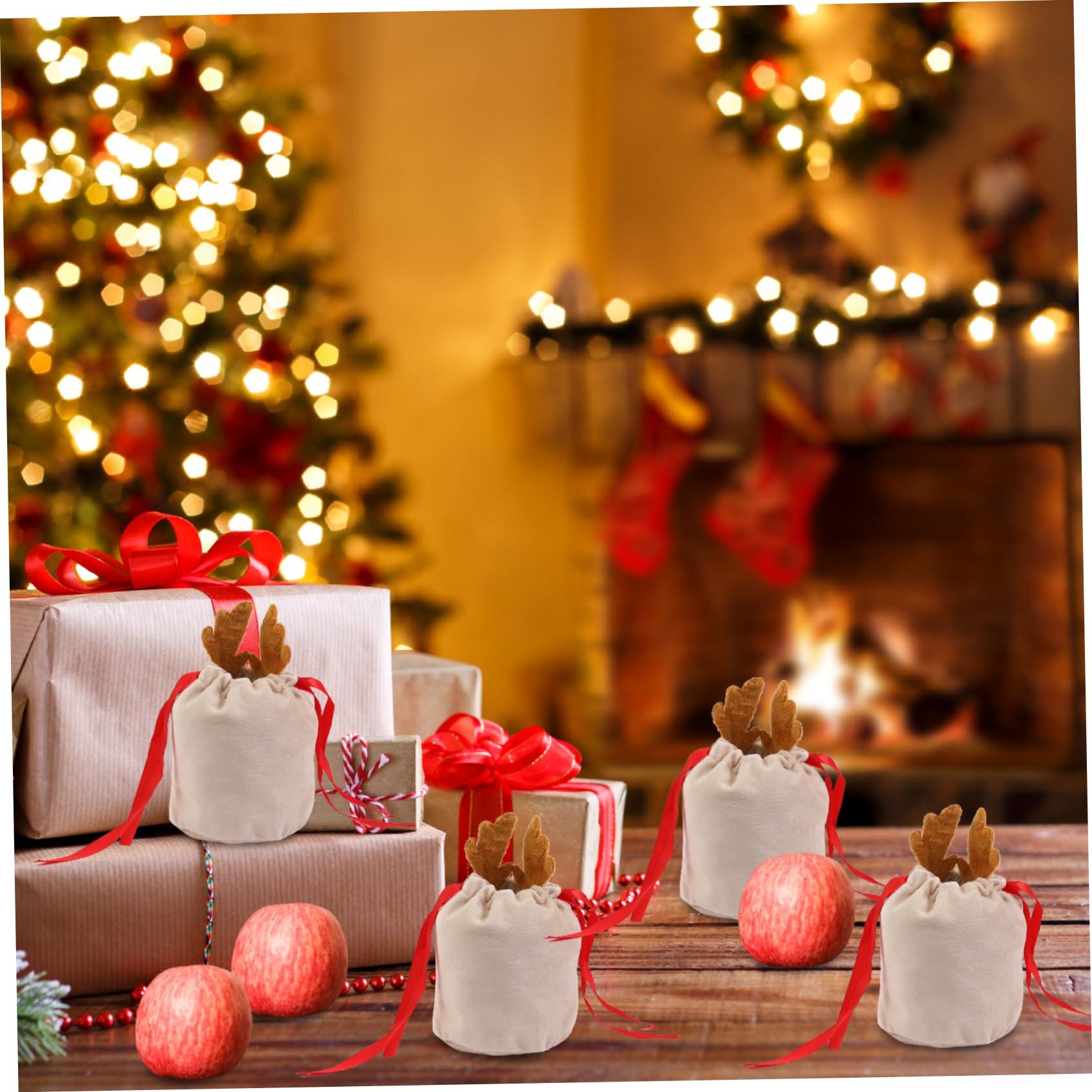 KUYYFDS KUYYFDS Christmas Gift Bags Multipack Xmas Drawstring Gift Bags 10PCS Cute Antlers Velvet Christmas Candy Wrapping Bags Small Christmas Treat Bags for New Year Presents Holiday Party Favors