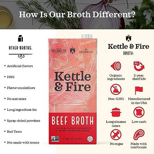 Kettle & Fire Kettle and Fire Beef Cooking Broth, Keto, Paleo, and Whole 30 Approved, Gluten Free, High in Protein and Collagen, 4 Pack (32 Ounces)