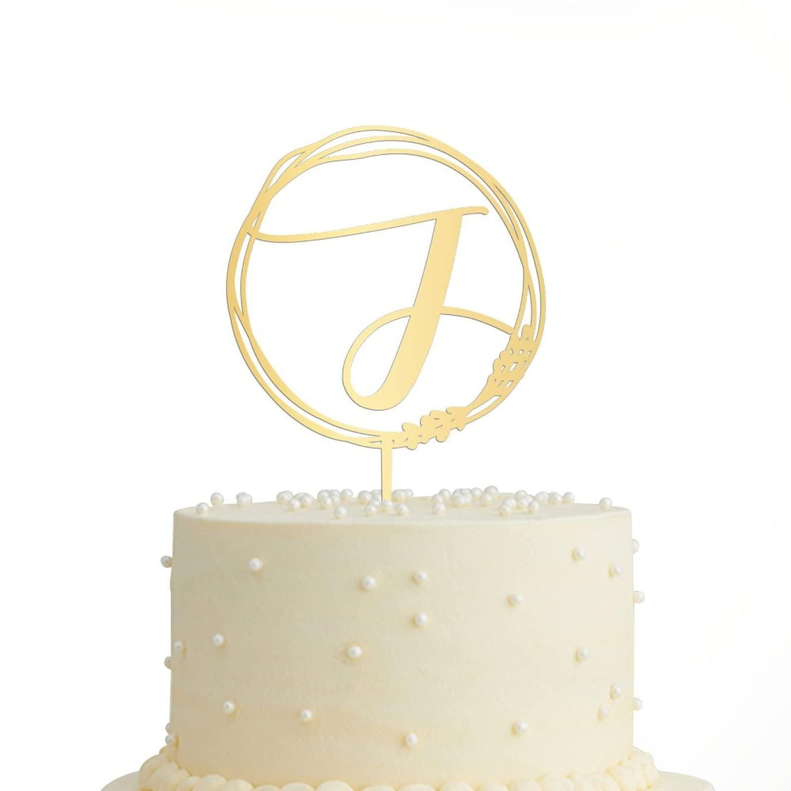Vinisong Personalized Letter J Cake Topper, Vinisong Rustic Wedding Cake Topper Initial Cake Topper Monogram Cake Topper Wreath Design Cake Decoration Gold Acrylic Cake Decor Party Decoration