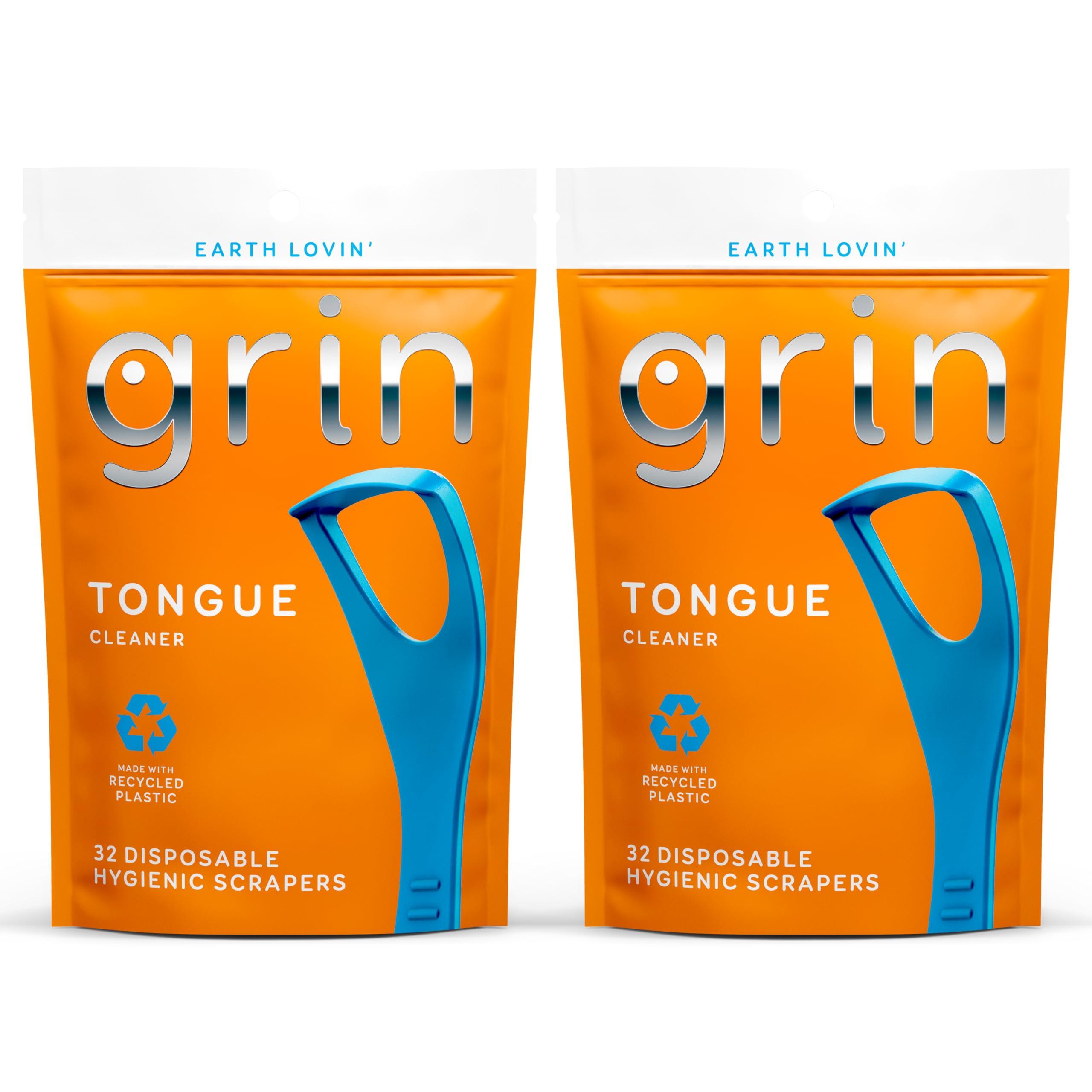Grin GRIN Tongue Cleaner, 32 Count, Disposable Tongue Cleaner, Hygienic Scraper, Recycled Plastic, Clean Tongue, Promote Fresh Breath, Includes Safe Fold- Back Tooth Pick (Pack of 2)