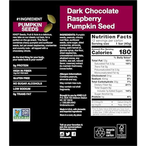 KIND KIND Seeds Fruit & Nuts Snack Bar, Dark Chocolate Raspberry Pumpkin Seed | 5g Protein, High Fiber, Gluten Free Bars, 1.4 OZ, 12 Count