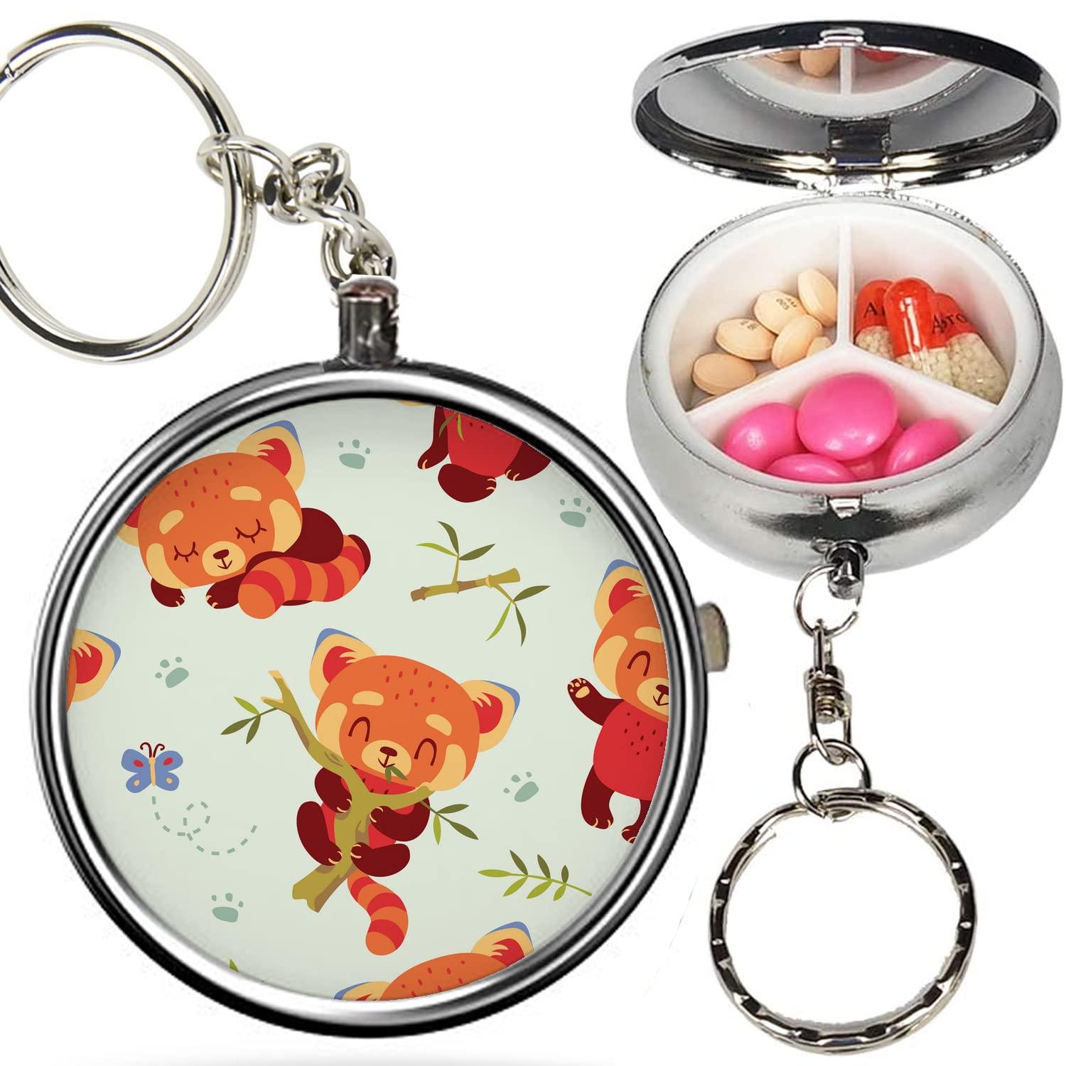 Xtremepads Pack of 2 - Portable Pill Organizer ( Cartoon Kawaii Style Red ) Metal Medicine Box, 3 Compartment Stash Vitamin Meds Case with Keychain