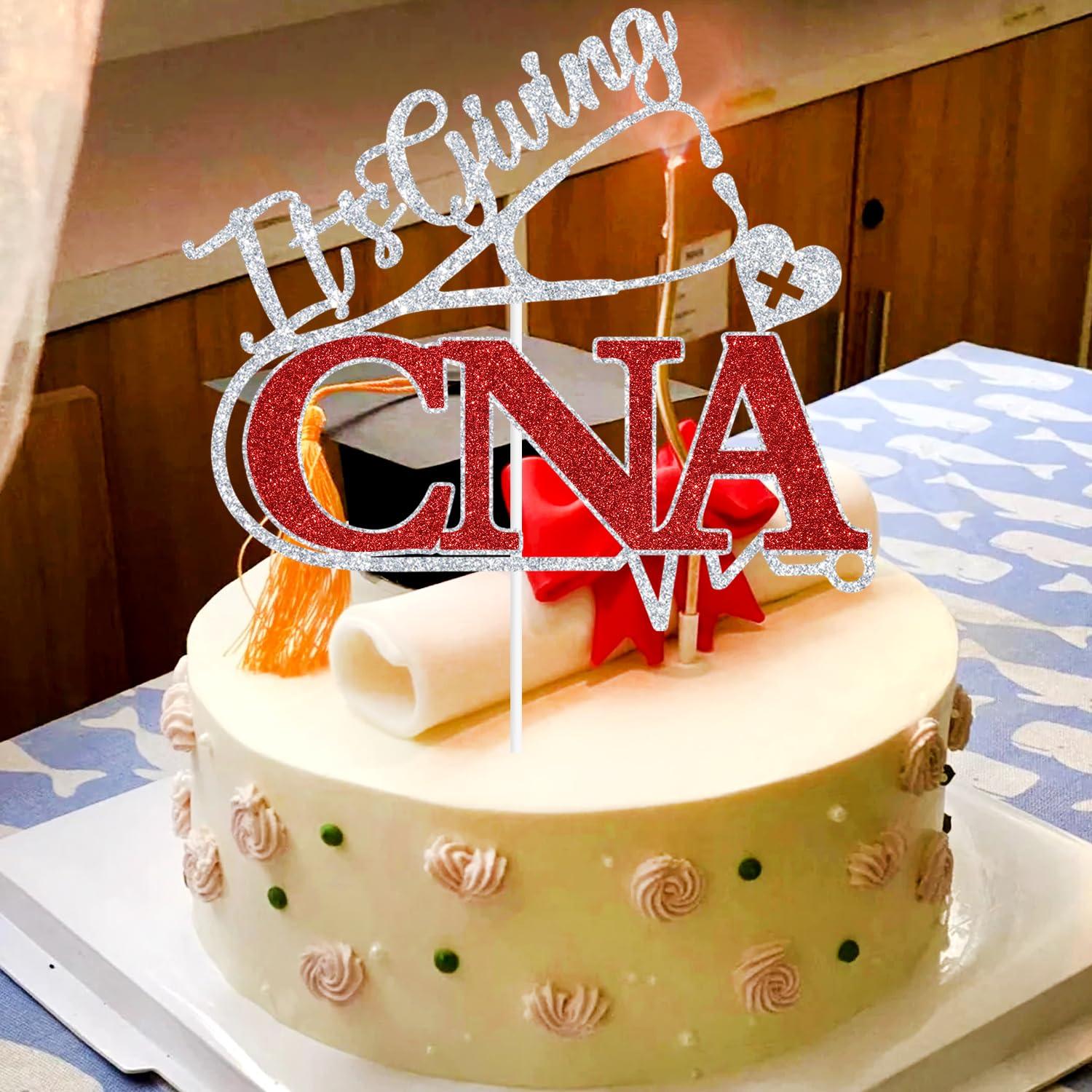 PYBHILK Red Glitter It\'s Giving CNA Cake Topper, CNA Class of 2024/Congrats Nurse/Congrats CNA, 2024 CNA Graduation Party Decorations Supplies