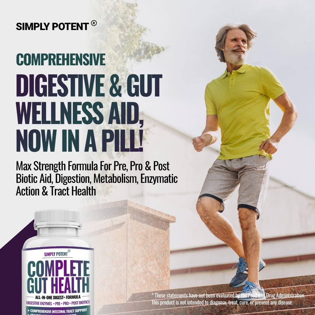 Simply Potent Complete Gut Health, Digestive Enzymes Plus Prebiotic, Probiotic & Post Biotic Gastrointestinal Support, Supports Gut Health & Immune Function, 60 Capsules