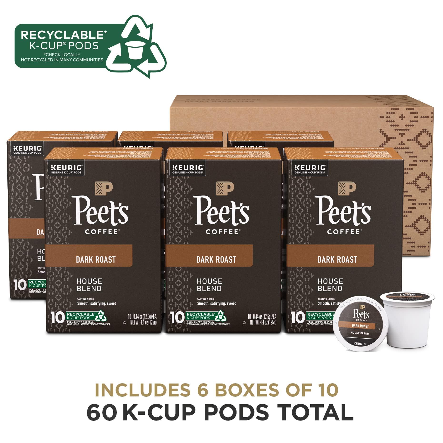 Peet's Coffee Peet\'s Coffee, Dark Roast Keurig K-Cup Pods - House Blend, 60 Count (6 Packs of 10)