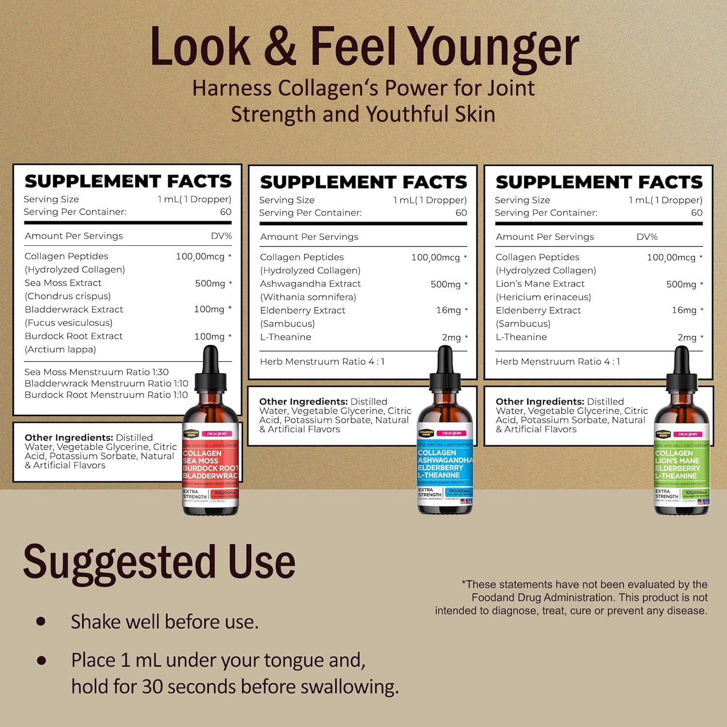 Collagen Mojo Collagen Mojo Liquid Collagen Peptides with Sea Moss, Burdock Root & Bladderwrack + Ashwagandha, Elderberry & L-Theanine + Lions Mane Mushroom, Elderberry & L-Theanine