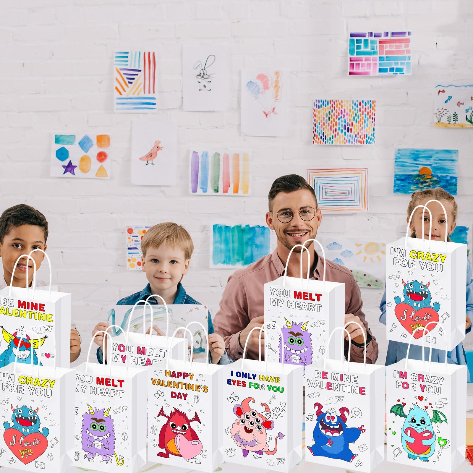 Resurhang Resurhang 100 Pcs Valentines Day Paper Gift Bags with Handle DIY Color Your Own Valentine Bags with Watercolor Pens Valentines Day Goodie Bags for Kids Party Favors Classroom Exchange Gift