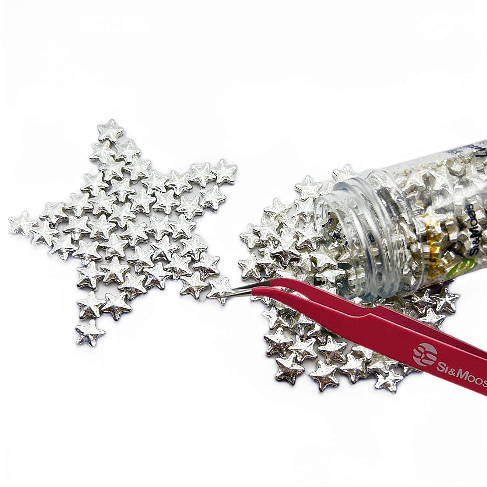 SE SI&MOOS SE Si&Moos Edible Silver Star Sprinkles Edible Silver Stars for Cake Decorating Silver Edible Stars Silver Sprinkles Large Star Sprinkles for Cake Decorating Silver Stars for Cookies Christmas Cookie Decorations 3 OZ with Tweezers