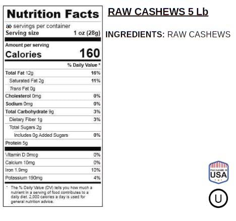 Jaybee\'s Premium Raw Whole Cashew Nuts 5 Pounds | Natural Unsalted Whole Cashew Nuts | Healthy Vegan & Keto Snack, Gluten-Free, Oil-Free | Bulk Resealable Bag for Snacking, Cooking & Baking | Jaybee\'s