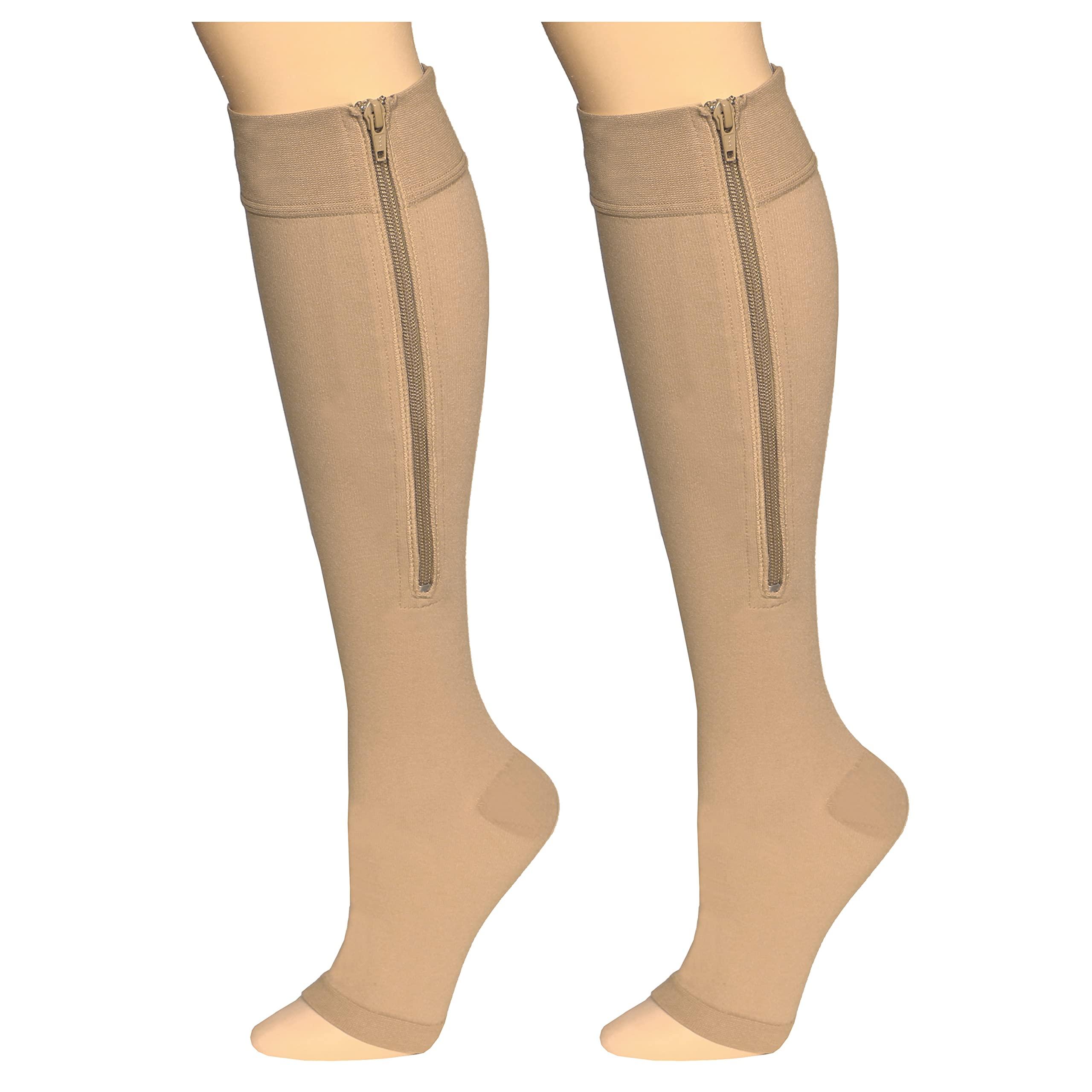 Truform Truform Zipper Compression Stockings, 15-20 mmHg Medical Socks, Women and Men, Knee High, Open Toe, Beige, Medium