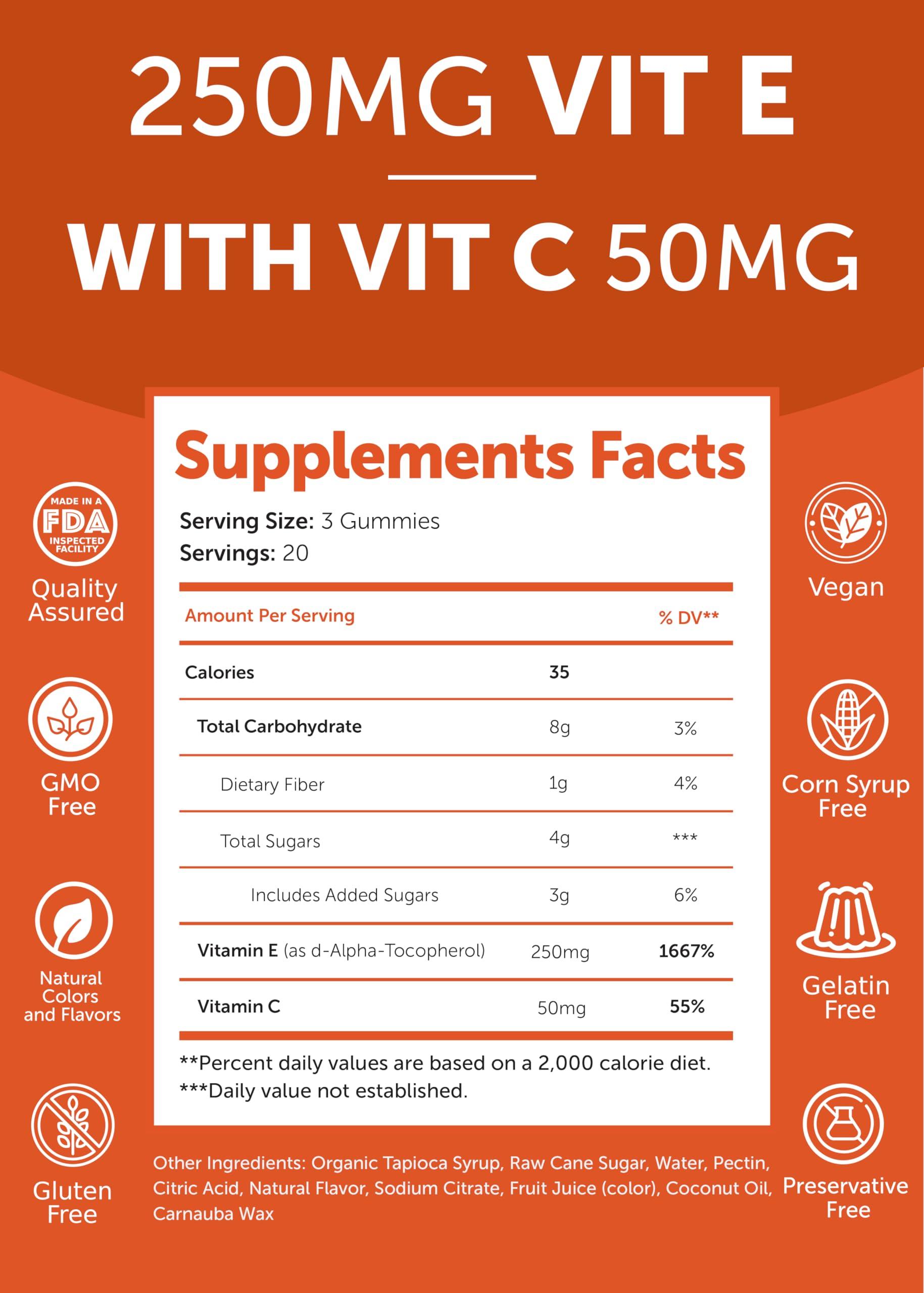 Lunakai Lunakai USA Made Vitamin E Gummies 400IU with Vitamin C - Delicious, Vegan, Non-GMO Supplement for Daily Skin & Eye Support, d-Alpha Tocopherol, 60ct