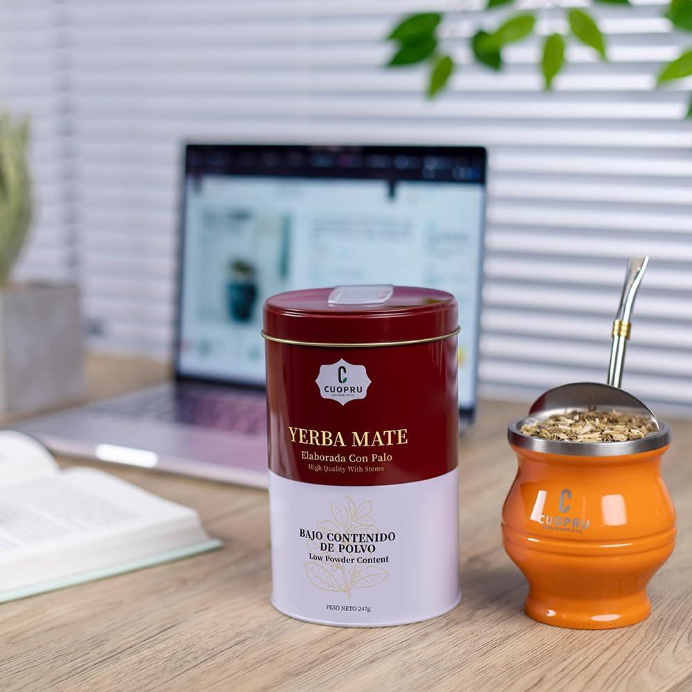 Cuopru Yerba Mate, CUOPRU Suave Argentinian Mate Tea, Low Tea Powder, Original Leaves with Stems, Include Portable Storage Tea Caddy(N.W.247g)