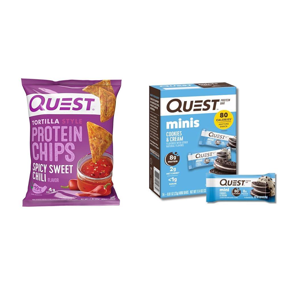 Quest Nutrition Quest Spicy Sweet Chili Tortilla Chips & Mini Cookies & Cream Protein Bars Bundle (12 Count, 14 Count)