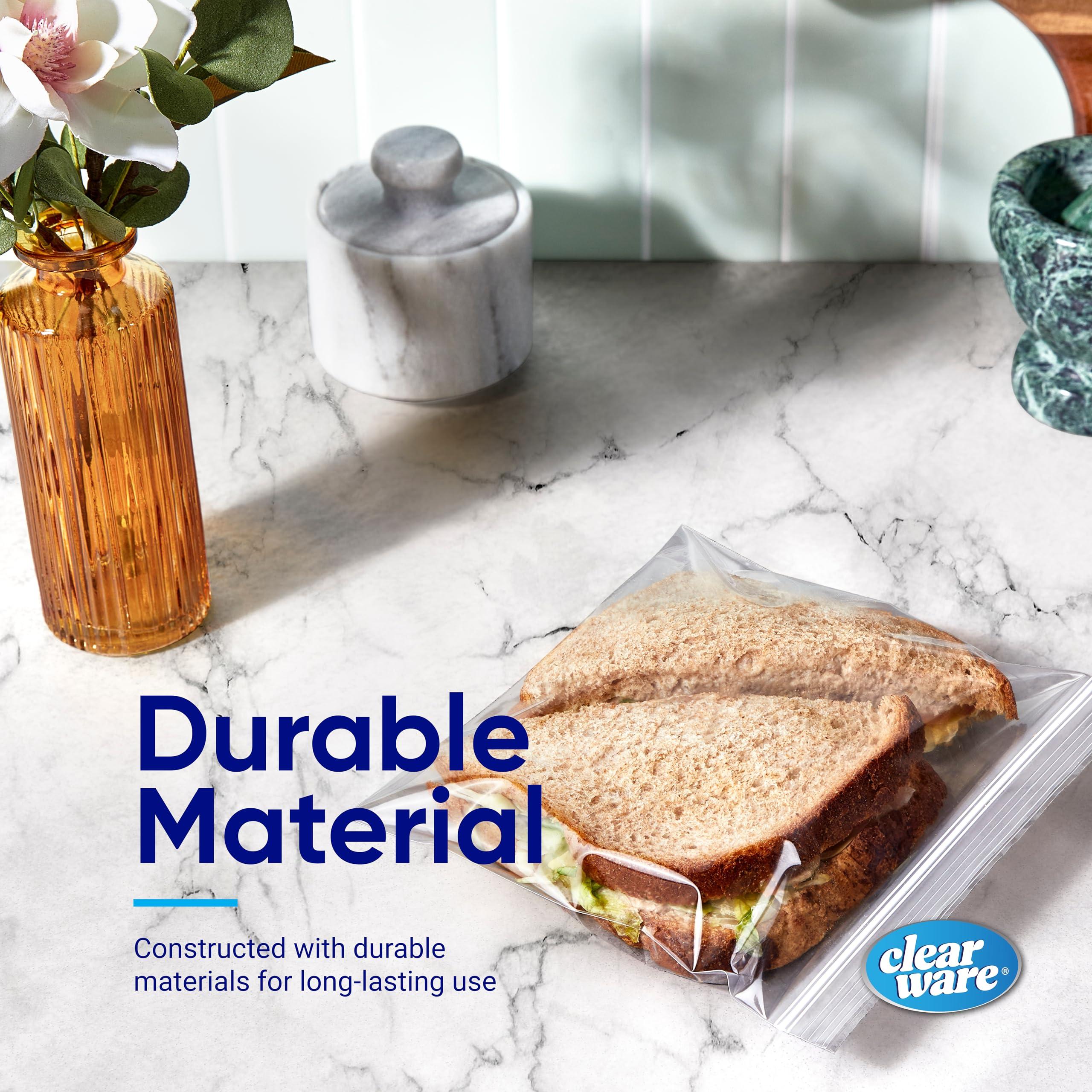 CLEARWARE Sandwich Bags Zipper Top- 300 Count, Resealable Plastic Food Storage Bags For Lunch, Snacks - Reusable Zipper Lock Containers for Fruit, Veggies - Freezer & Microwave-Safe, Strong Seal - 2 Boxes