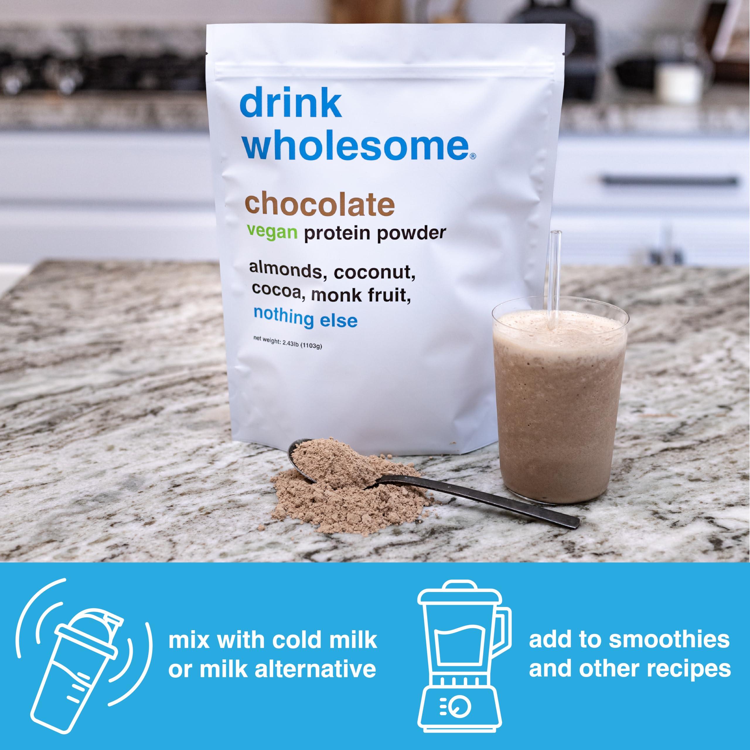 drink wholesome drink wholesome Vegan Chocolate Almond Protein Powder | for Sensitive Stomachs | Gut Friendly | No Artificial Sweeteners | No Stevia | Low Sodium | Paleo | Safe for Kids & Seniors