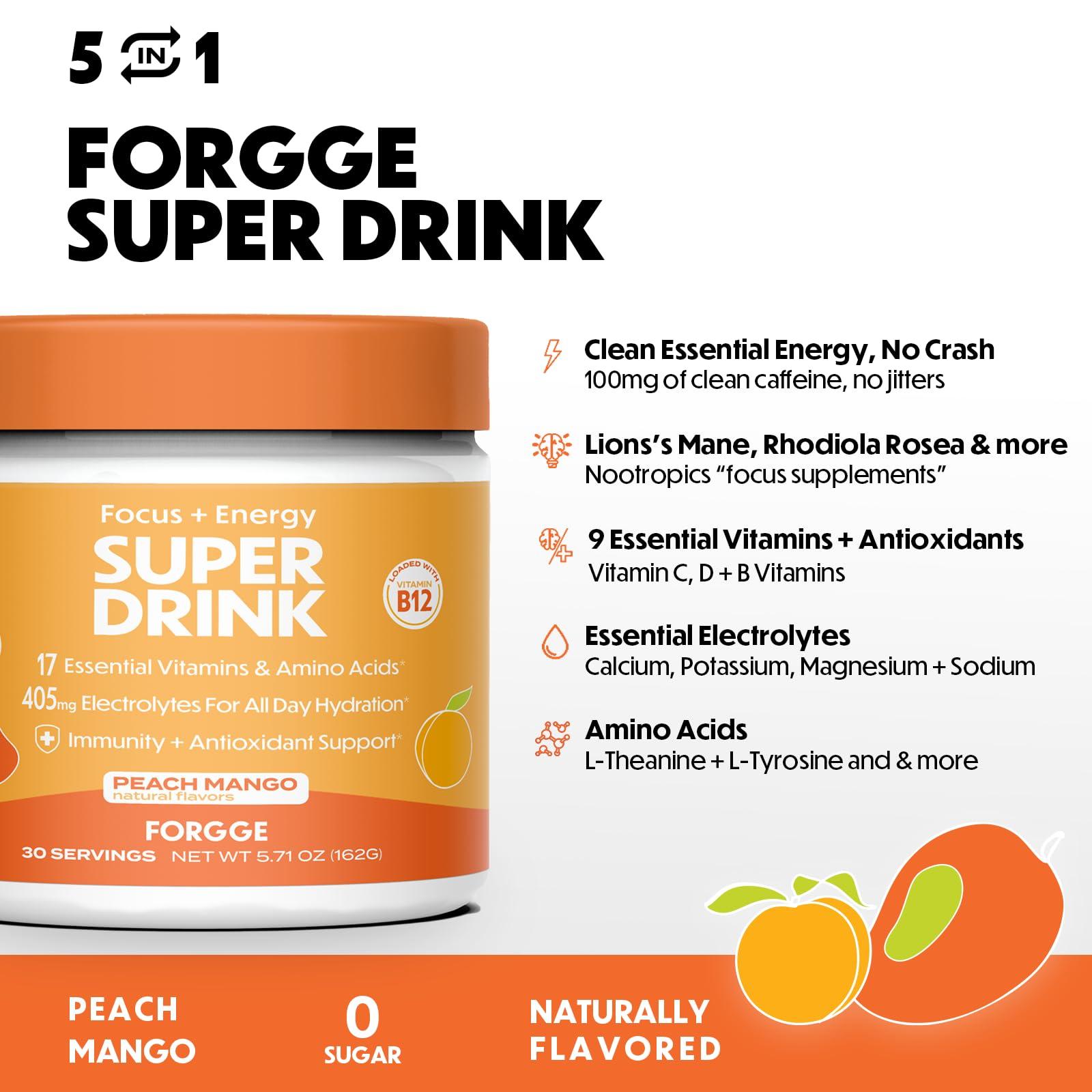 Forgge Forgge Focus Energy Drink Powder - Lions Mane, Alpha-GPC, L-Theanine and Nootropics for Focus - Vitamins + Electrolytes - Natural Caffeine, Sugar Free (Peach Mango)