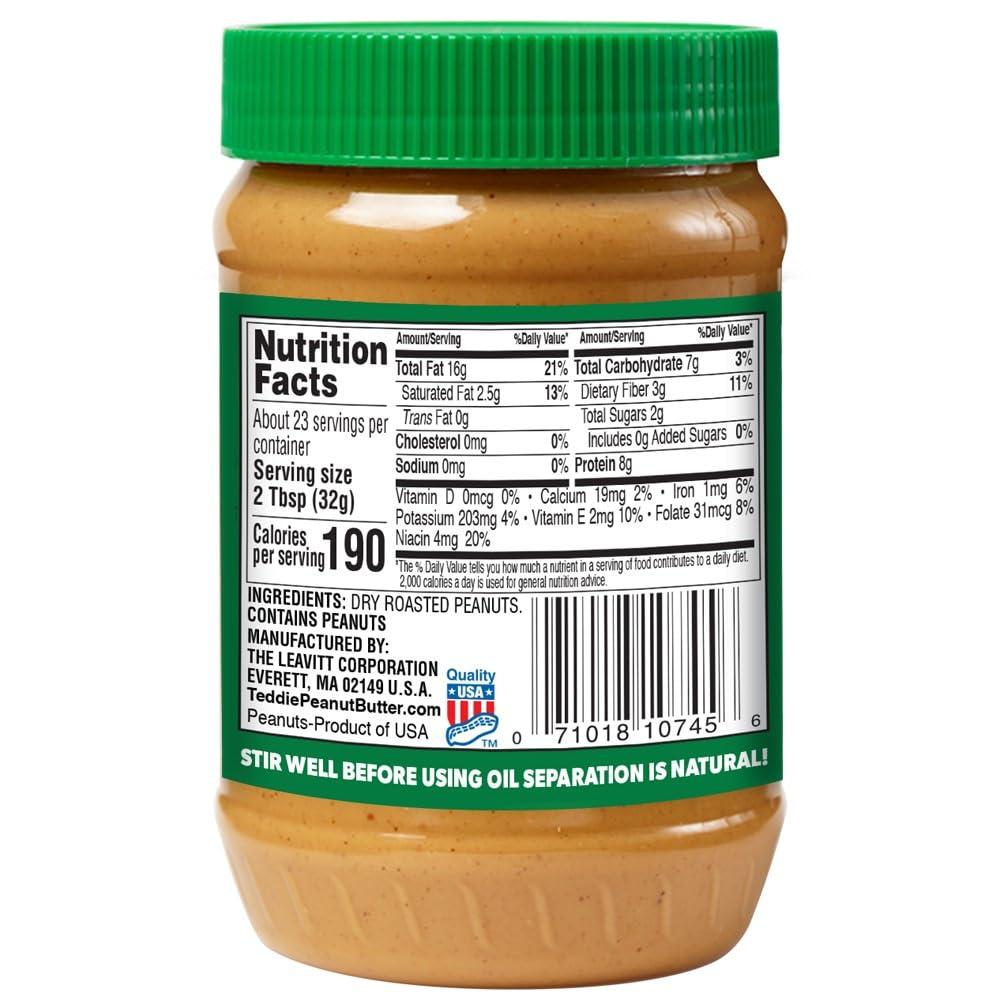 Teddie Teddie All Natural Peanut Butter, Gluten Free & Vegan, 26 Ounce Plastic Jar (26 Ounce (Pack of 1), Smooth Unsalted)