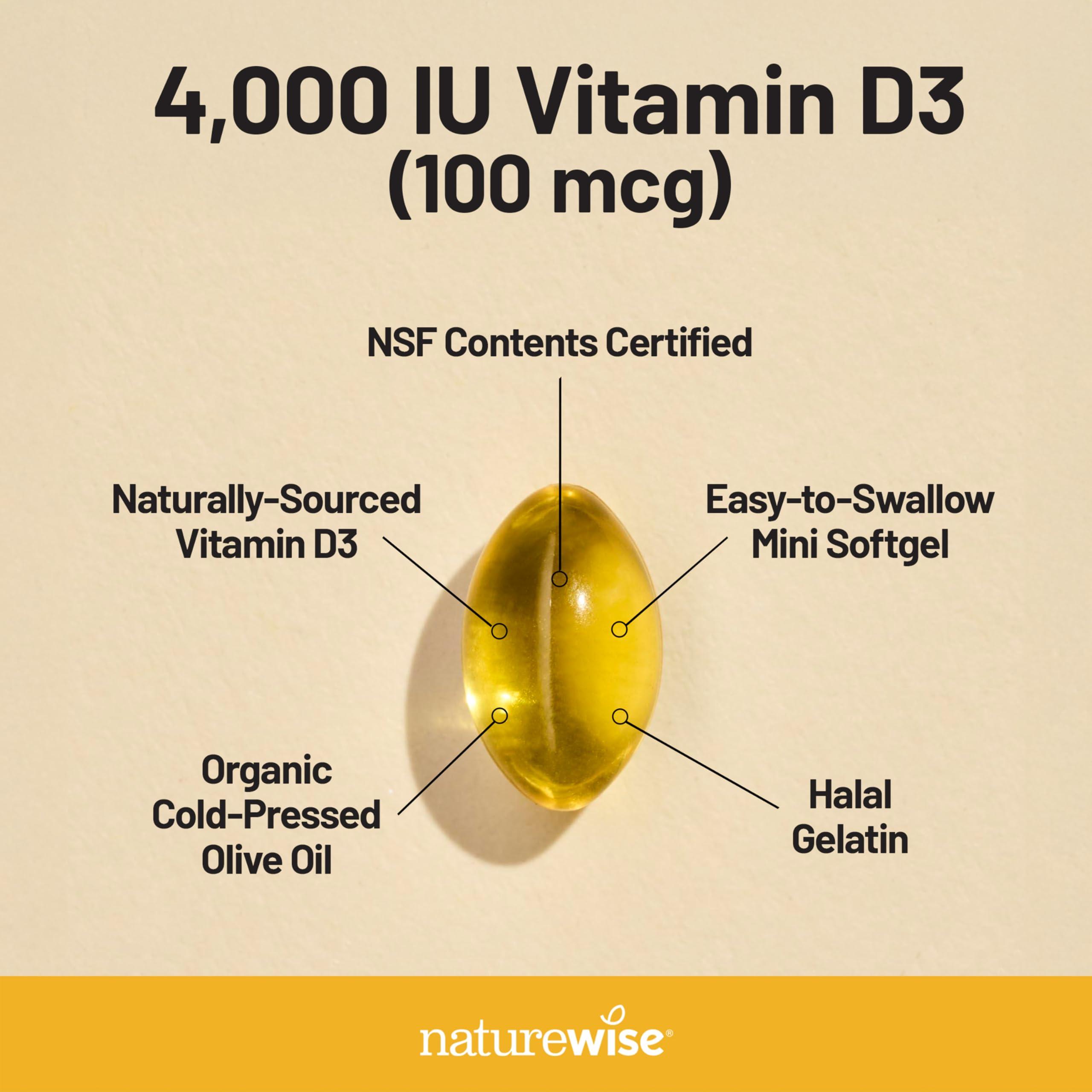 NatureWise NatureWise Vitamin D3 4000iu (100 mcg) 30-Day Supply for Immune Support, Healthy Muscle Function, and Bone Health - Non-GMO, Gluten Free in Organic Extra Virgin Olive Oil, (Mini Softgel), 30 Count