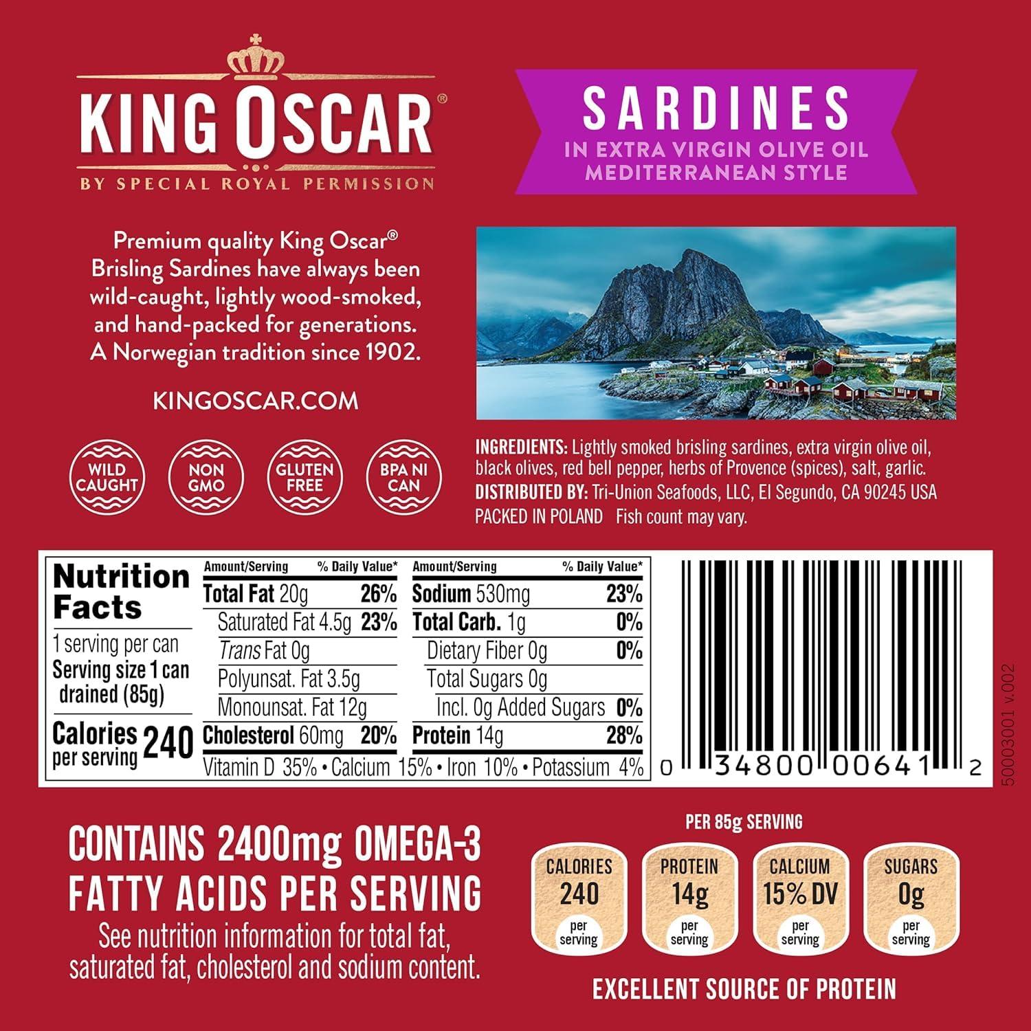 King Oscar King Oscar Premium Sardines in Extra Virgin Olive Oil, Mediterranean Style, 3.75 Ounce Cans (Pack of 12), Wild Caught Sardines