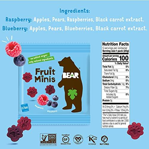 BEAR BEAR Real Fruit Snack Minis, Raspberry/Blueberry, No added Sugar, All Natural, Bite Sized Snacks for Kids, Non GMO, Gluten Free, Vegan, 0.7 Oz (Pack of 18)