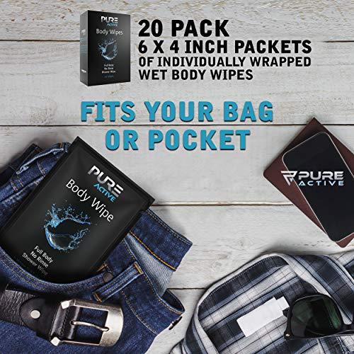 Pure Active 60 Individually Wrapped Shower Body Wipes + 50 Extra Thick Unscented Shower Wipes, Camping Wipes For Bathing, Rinse Free Body Cleansing Wipes