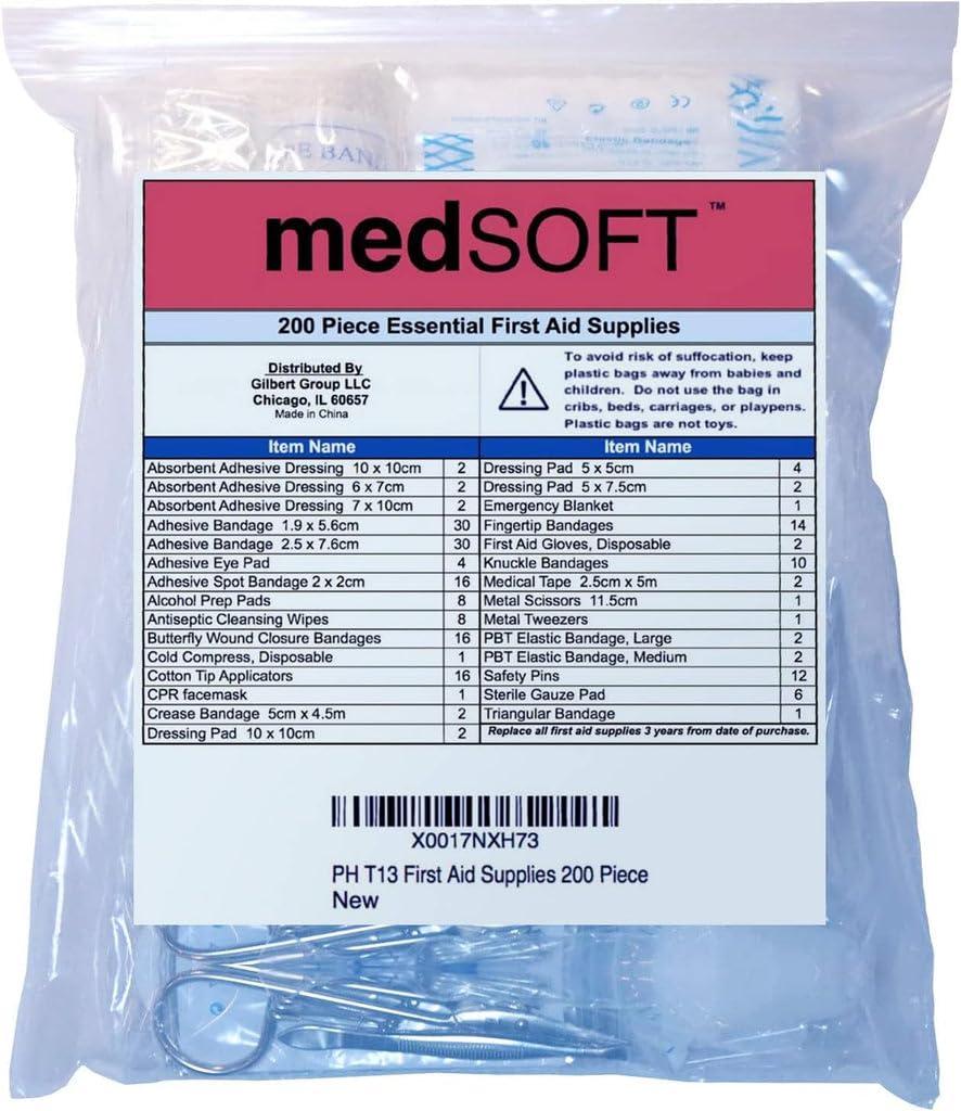 MedSoft First Aid Kit Refill - 200 Piece - Extra Replacement Supplies, Loose Packed Restock Supply Pack