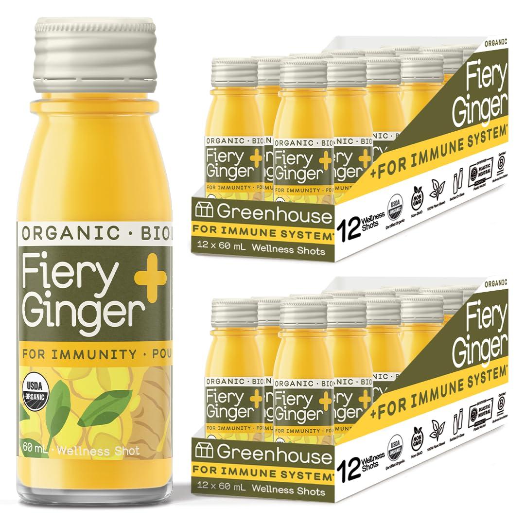 GREENHOUSE JUICE CO. Greenhouse Juice Ginger Shots Organic Fiery Ginger Wellness Shot, Cold Pressed with Turmeric Pepper Vitamin C Ginger Juice Immunity Shots Vegan & Gluten-Free (2 Oz, Pack of 24)