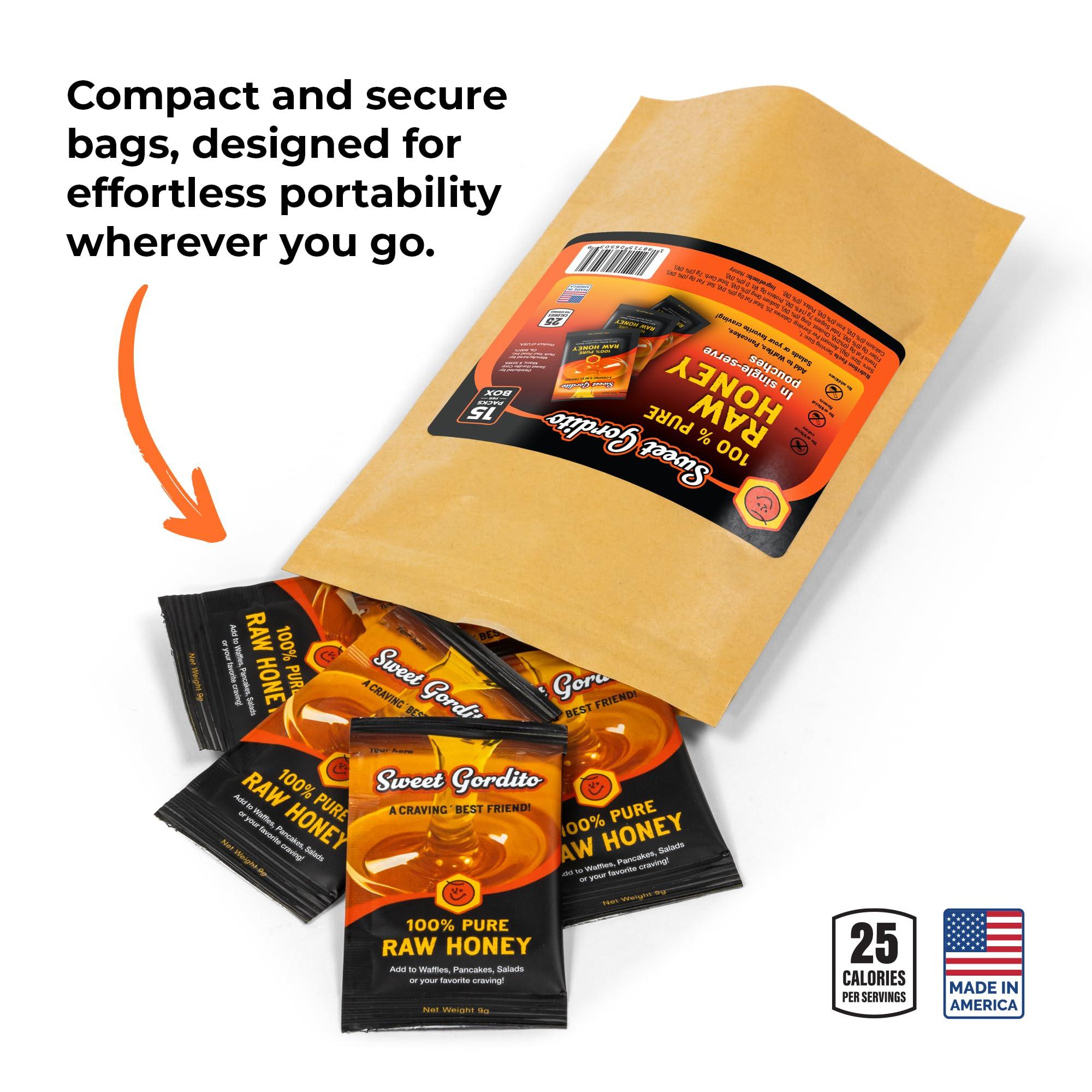 Sweet Gordito Raw Honey Sachets Ziplog (15 pack) - Ideal for coffee! Each Ziplog contains 15 sachets of 9g of delicious raw honey, perfect for on-the-go. Small size and portability make it easy to enjoy the sweet taste without refrigeration. Perfect for sweetening