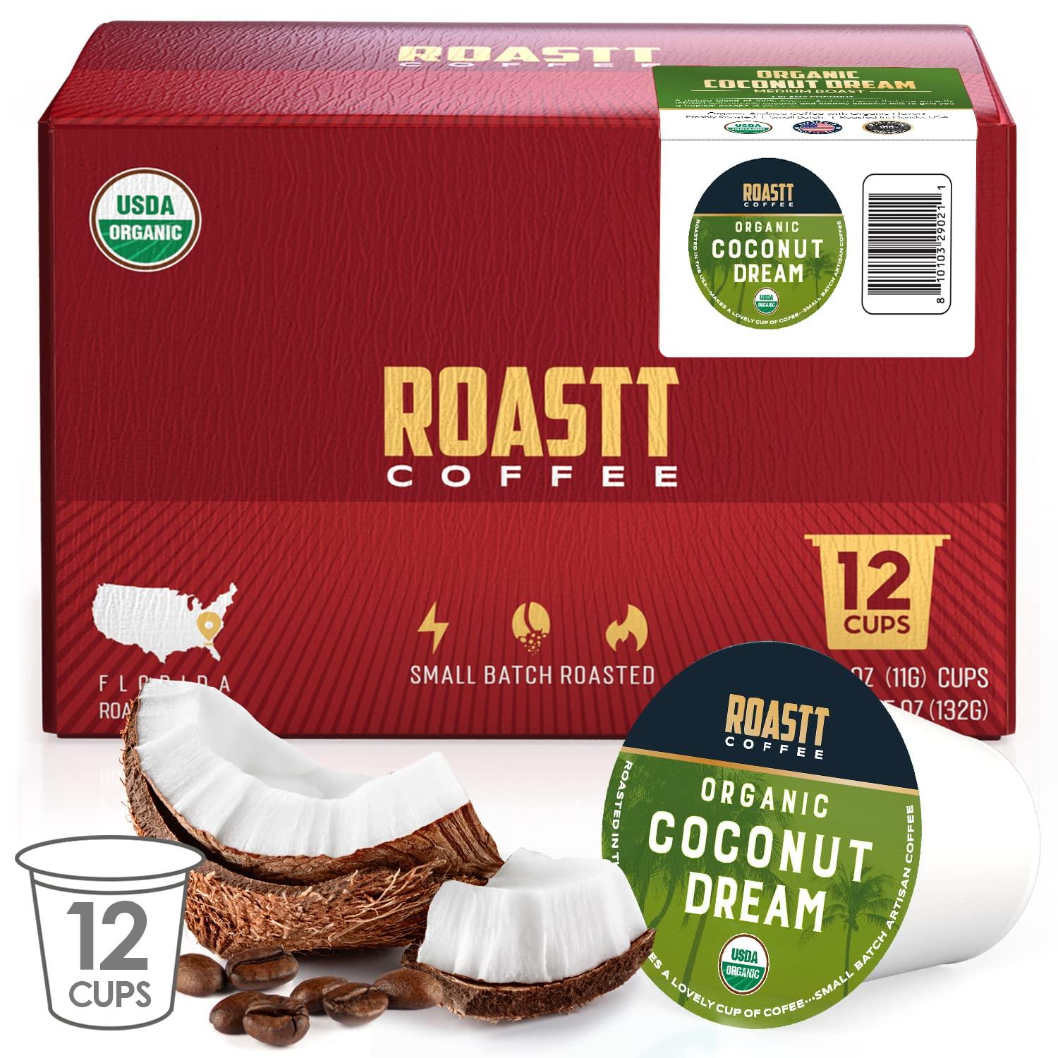 Roastt Coffee Organic Coconut Coffee Pods for Keurig K Cup Compatible Brewers, Organic Medium Roast Caffeinated Coconut Coffee Pods, Brew Hot or over Ice, Compatible with K-Cups and Keurig Brewing Machines Pack of 