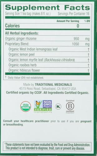 Traditional Medicinals Traditional Medicinals Tea, Organic Lemon Ginger, Promotes Healthy Digestion, 16 Tea Bags (Pack of 2)