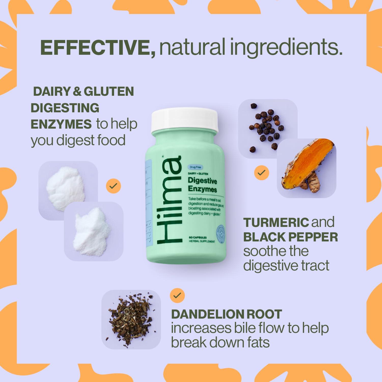 Hilma Hilma Digestive Enzymes for Women, Bloating Relief with Turmeric, Dandelion Root and Gluten Digestive Enzymes, Natural Gluten and Dairy Relief Pills, 60 Vegan Capsules