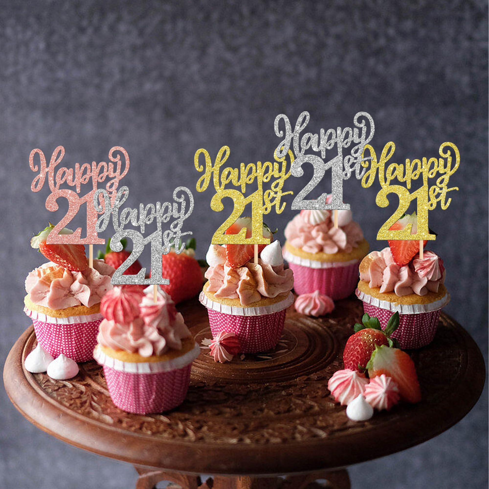 ZHUOWEISM 24PCS Happy 21st Cupcake Toppers Gold Rose Gold Silver Glitter Twenty One Cheers to 21 Years Number 21 Birthday Cupcake Picks for Happy 21st Birthday Wedding Anniversary Party Cake Decorations