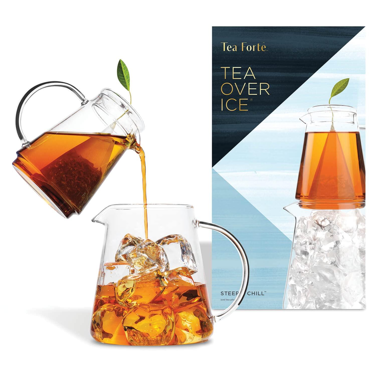 Tea Forte Tea Forte Tea Over Ice Steeping Pitcher + Tea Infuser Blends, Variety Pack Tea Pitcher Sized Ice Tea Infusers (5pk) + Glass Serving & Brewing Pitcher Set for Flash Chilled Ice Tea